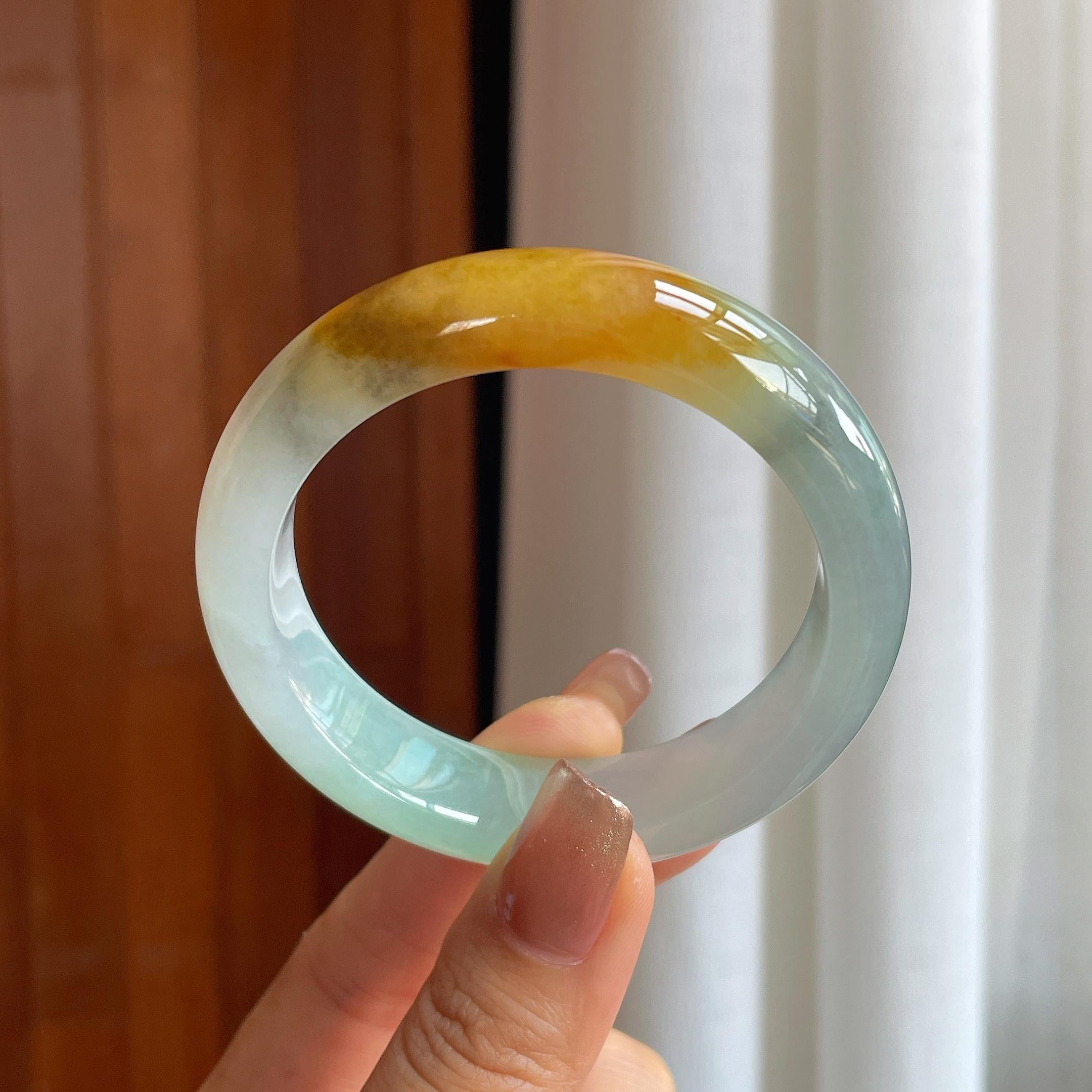 糯冰黄加绿翡翠平安镯（53.7mm)（yc365758）