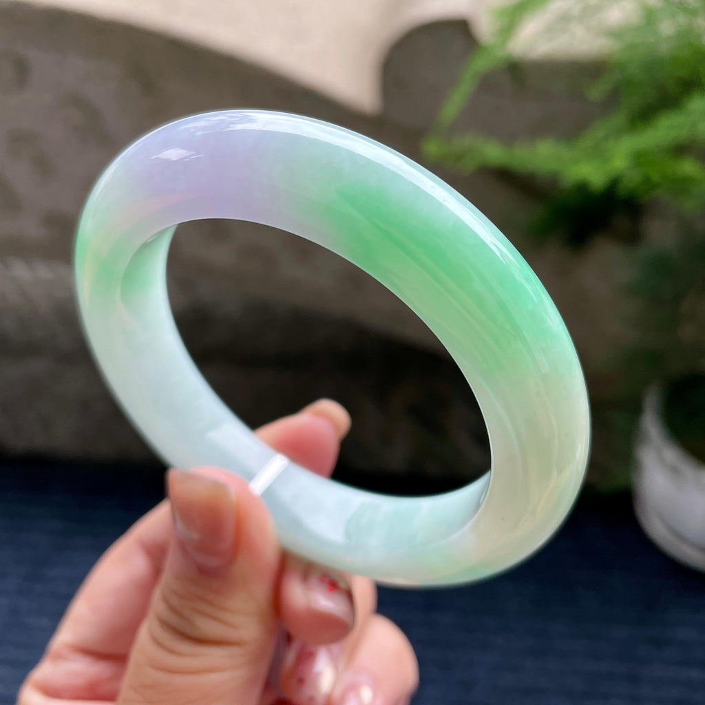 糯冰种春带彩正圈平安镯57.6圈口 天然缅甸A货翡翠（yc350666）