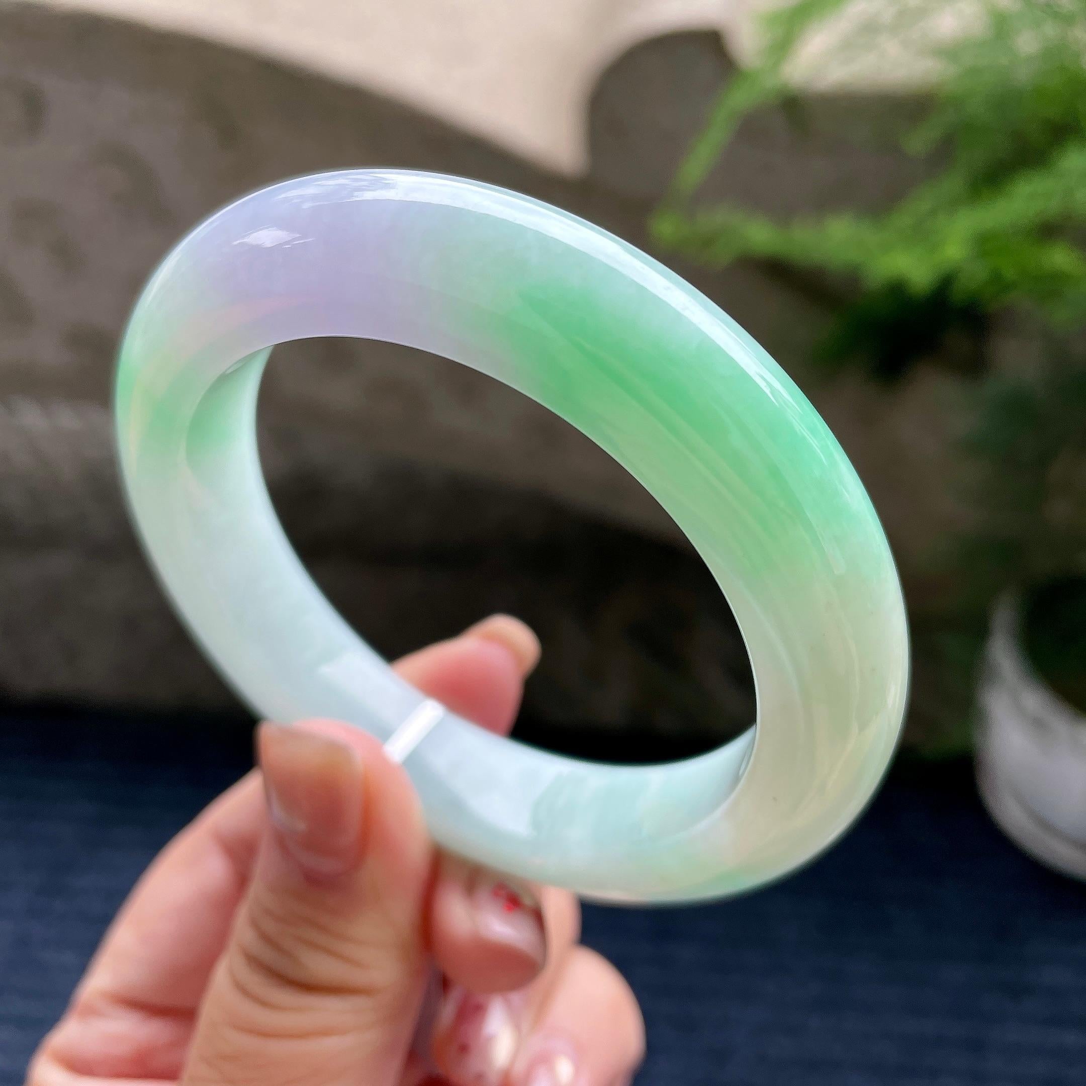 糯冰种春带彩正圈平安镯57.6圈口 天然缅甸A货翡翠（yc350666）