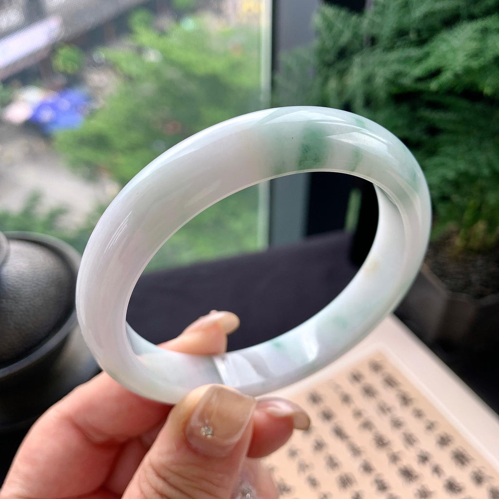 大圈口 细糯种飘绿花正圈平安镯 59圈口 天然缅甸A货翡翠（yc477609）
