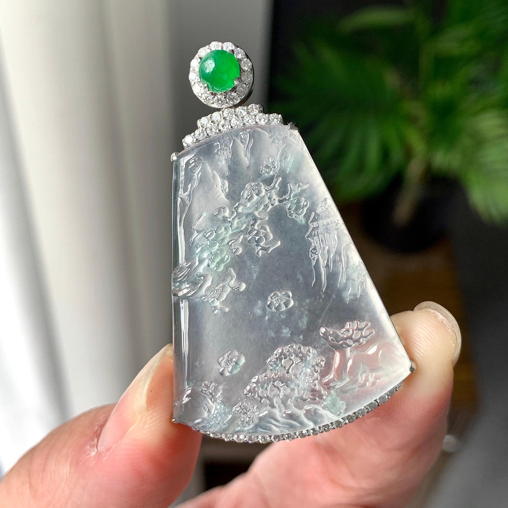 18K金钻镶冰种山水牌吊坠（yc255621）