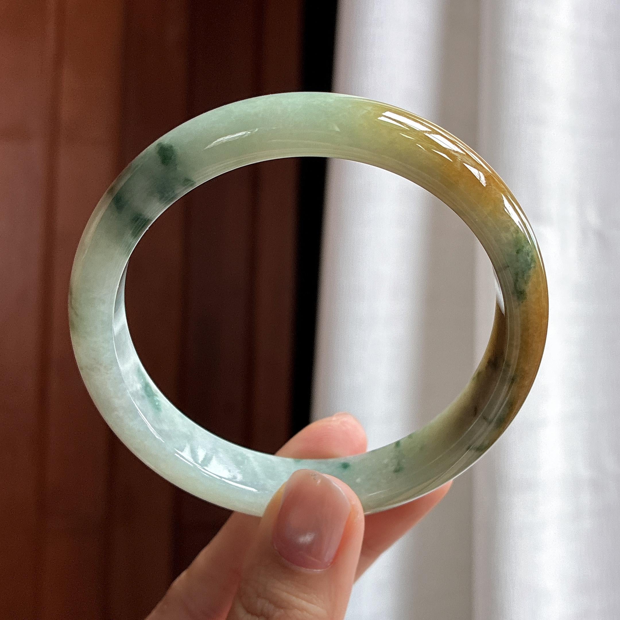细糯种黄翡特色飘花正圈平安镯 63圈 天然缅甸A货翡翠（yc482224）