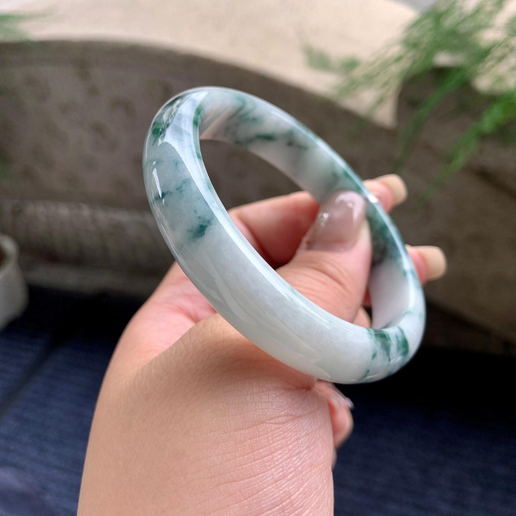 细糯种飘蓝花正圈平安镯 58圈口 天然缅甸A货翡翠（yc464071）