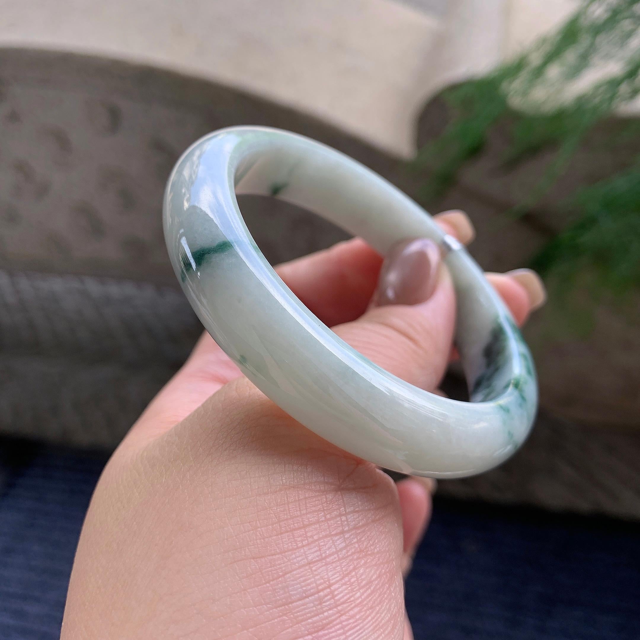 糯种飘蓝花正圈平安镯  57圈口  天然缅甸A货翡翠（yc421223）