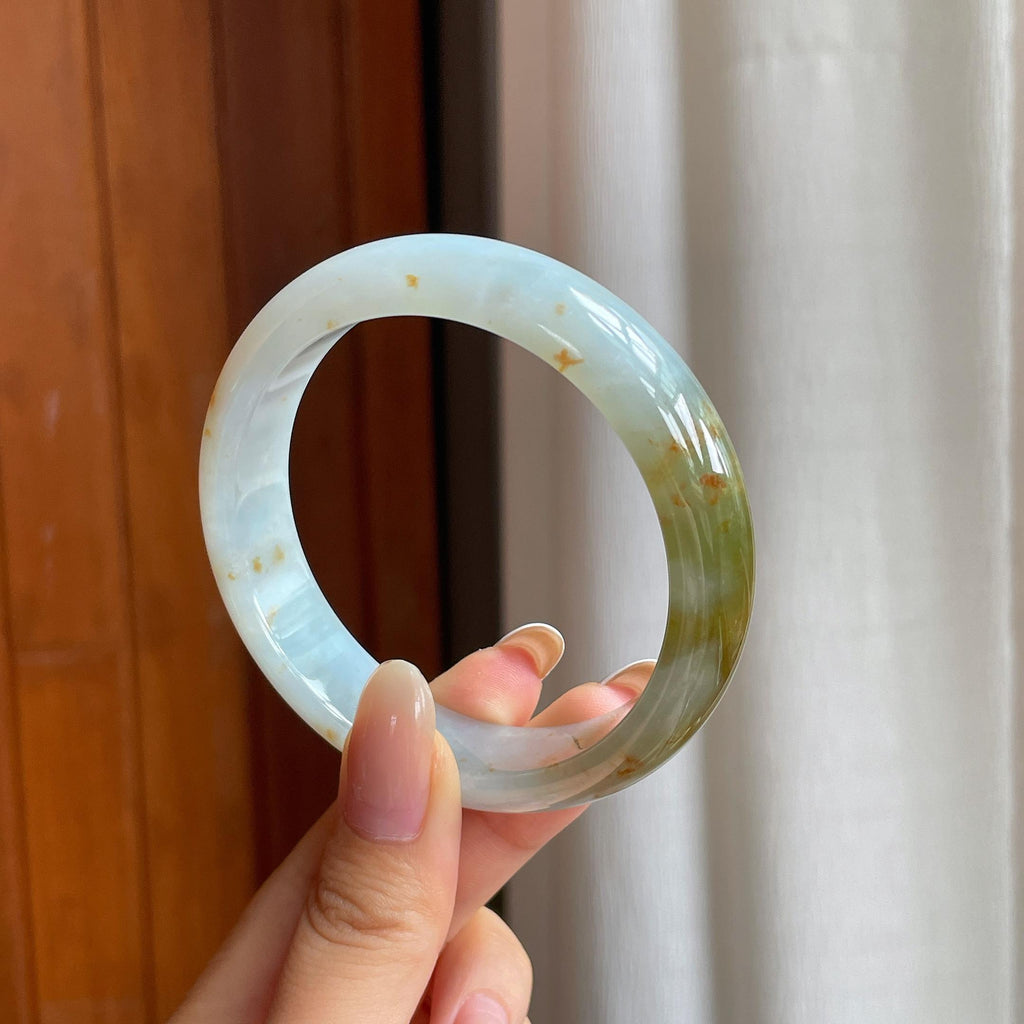 糯冰黄翡宽版翡翠平安镯（58mm)（yc417334）