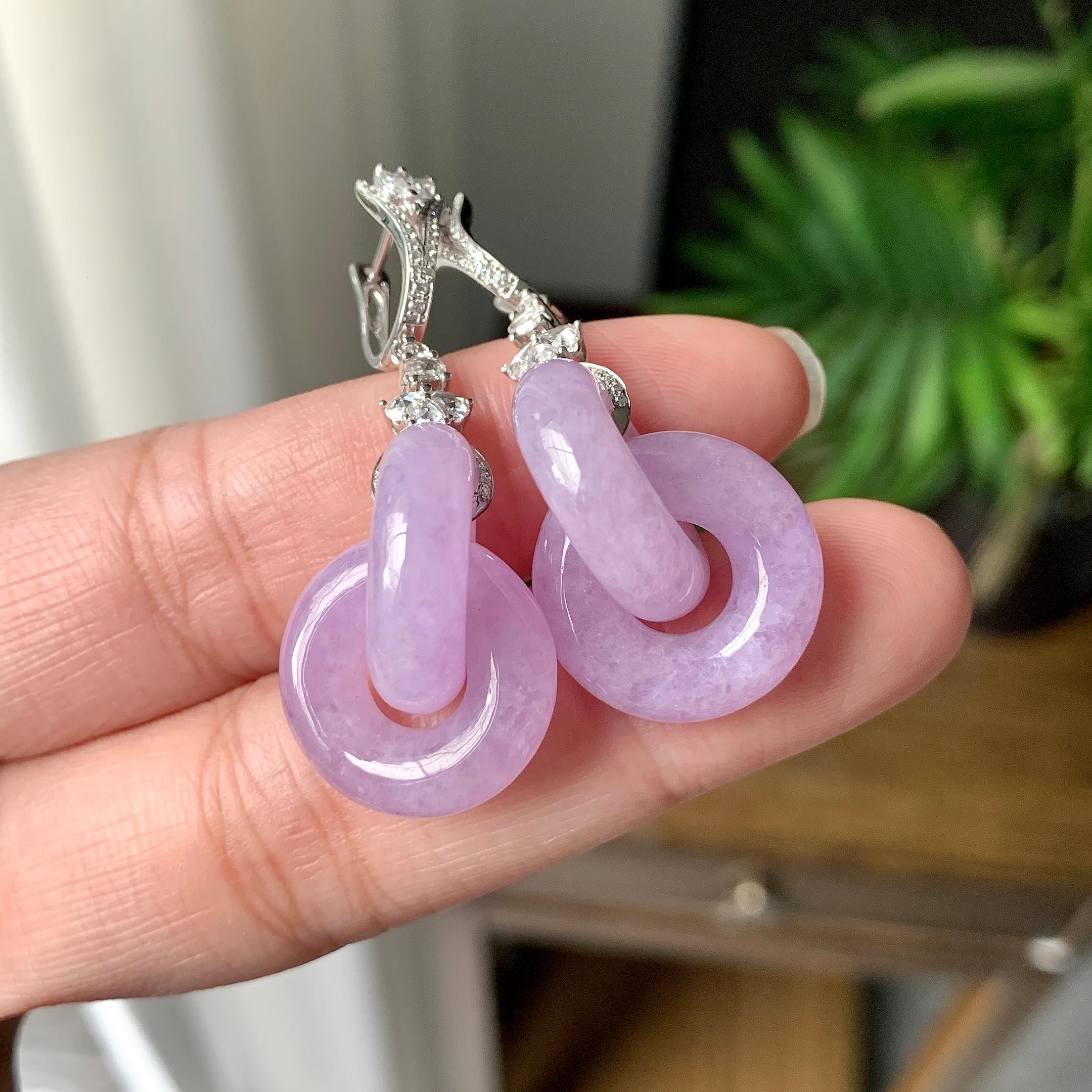 18K金钻镶糯冰种紫罗兰环环相扣耳坠（yc253840）