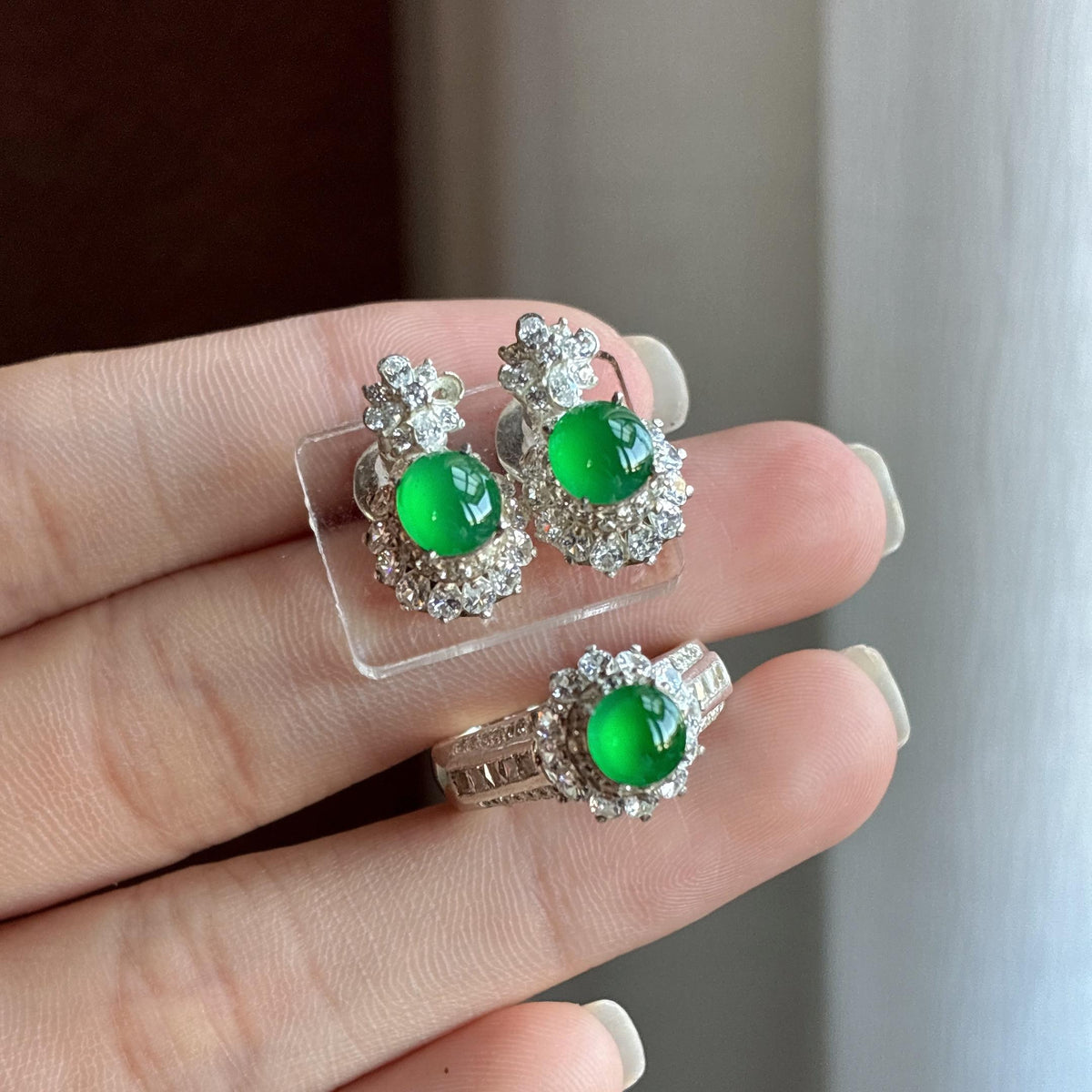 铜托冰种起光满绿蛋面/两件套（yc721786）
