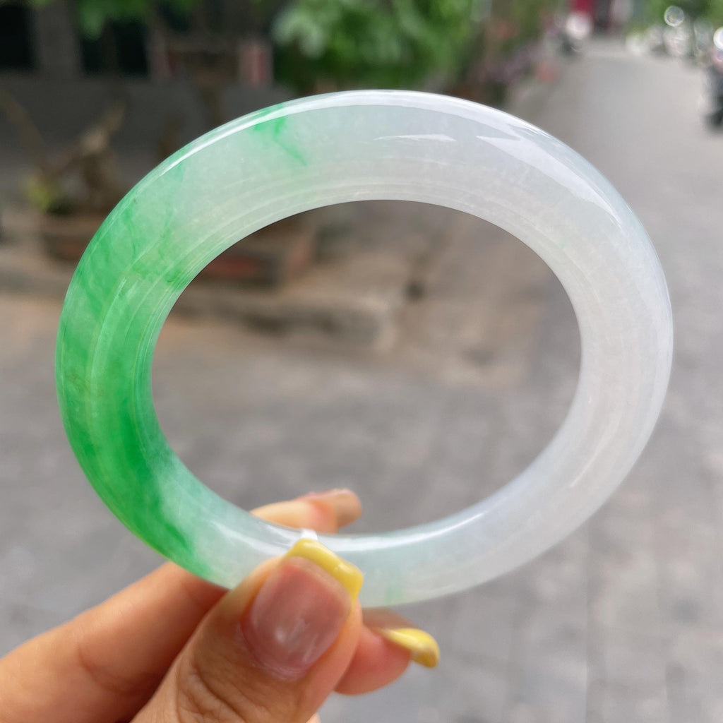 糯冰种飘阳绿圆条手镯56.6圈     天然缅甸A货翡翠（yc378726）