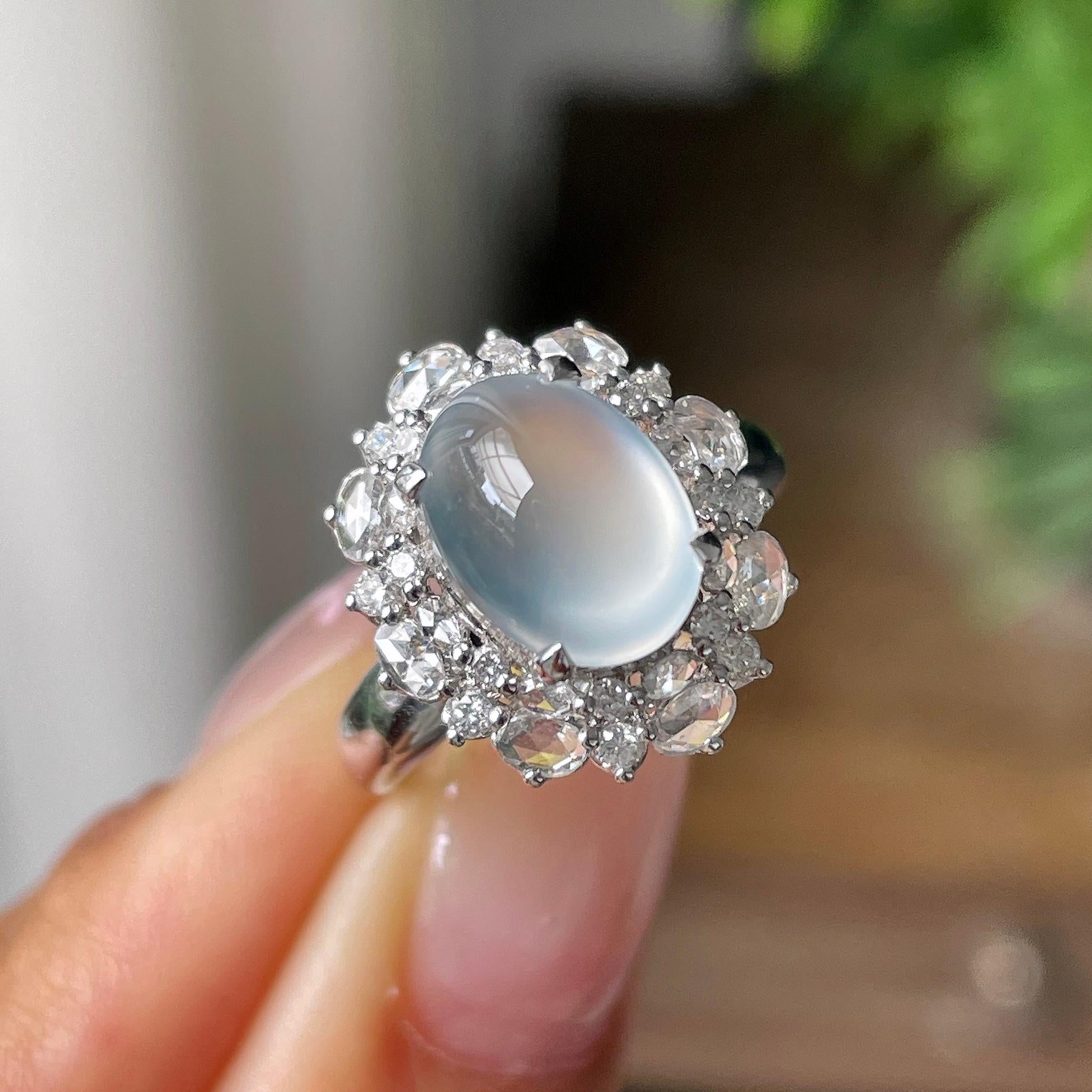 18k金钻镶高冰种无色蛋面戒指      天然缅甸A货翡翠（yc379939）