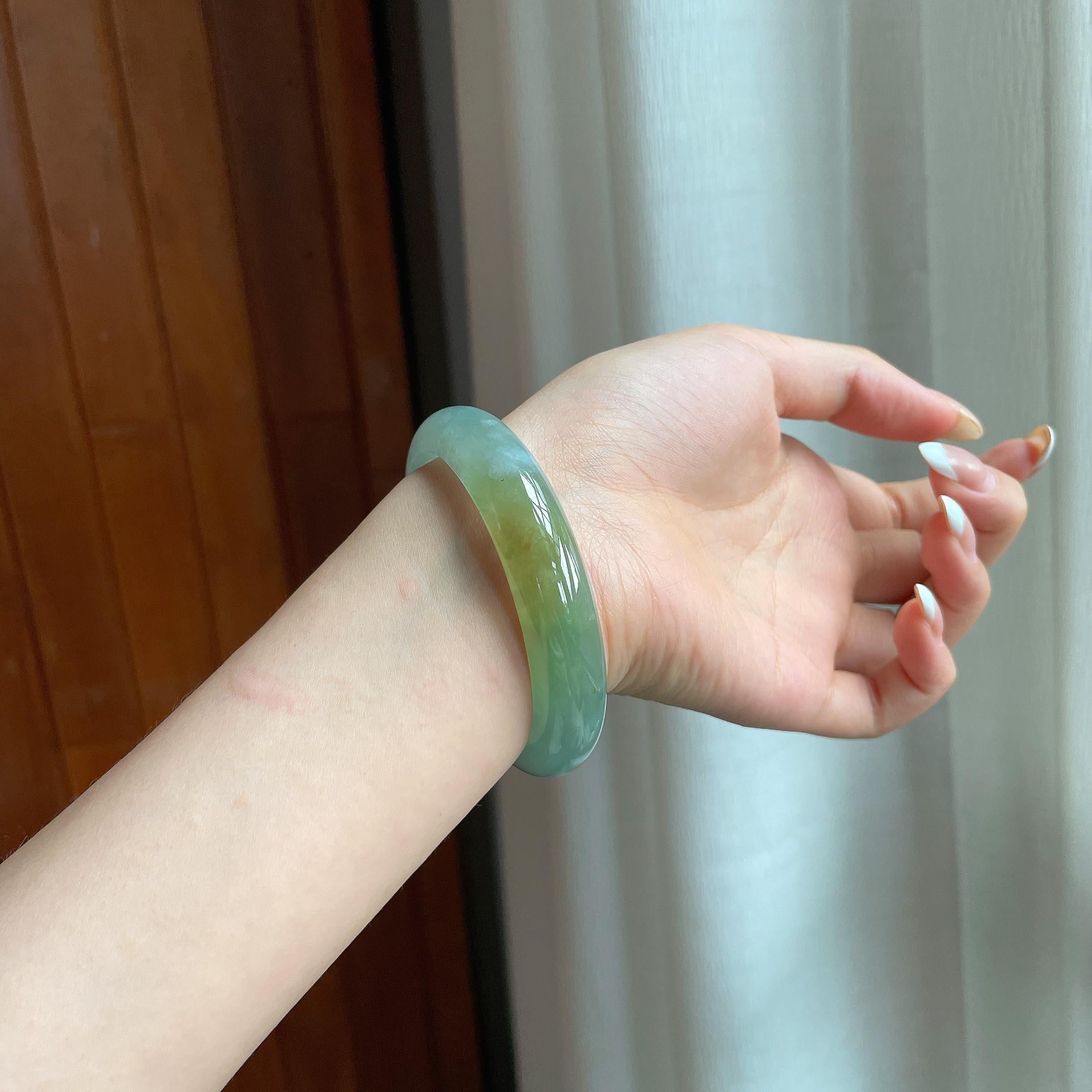 糯冰蓝晴飘黄翡翠平安镯（56.3mm)（yc417009）