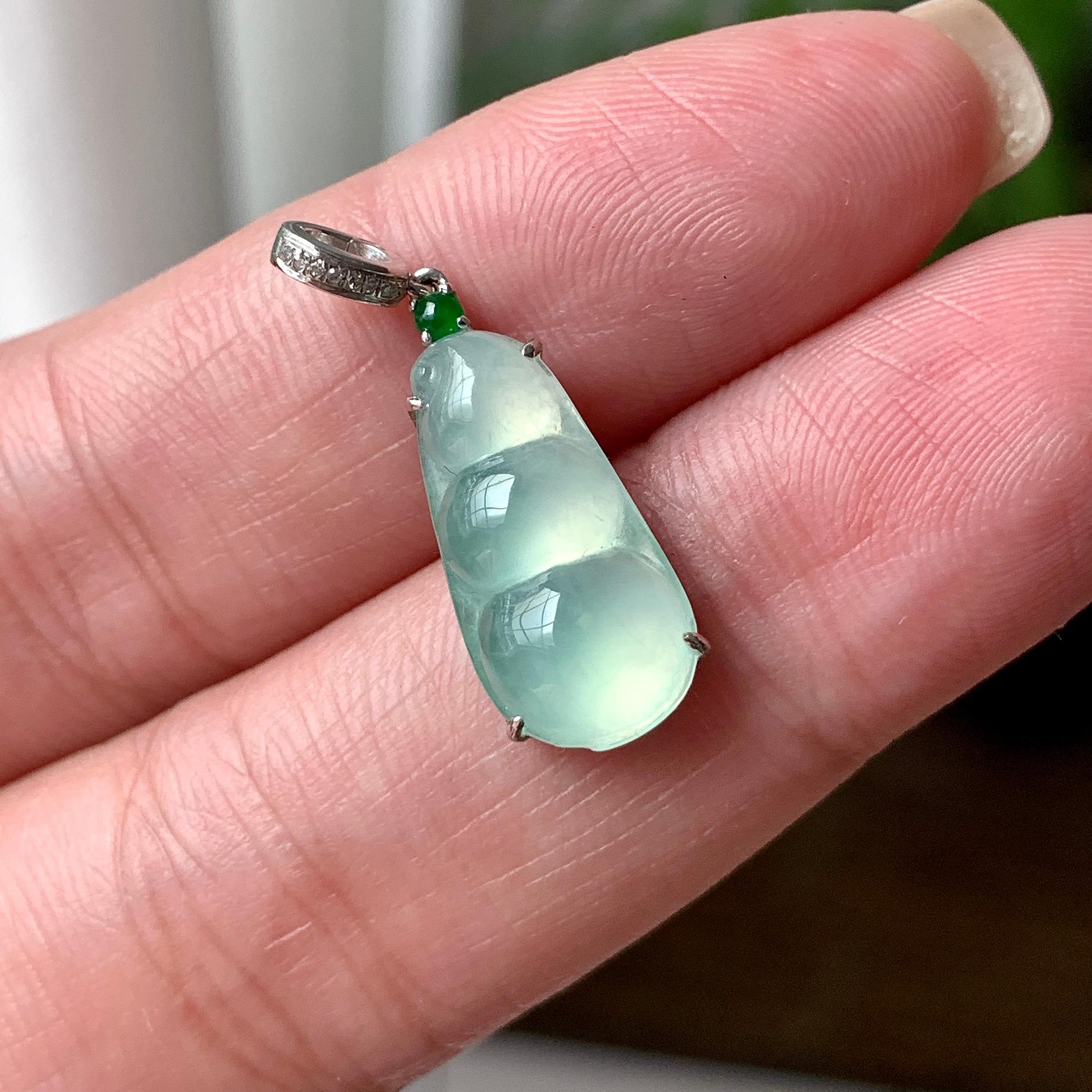 18K金钻镶糯冰种晴底福豆吊坠/小提溜  天然缅甸A货翡翠（yc443484）
