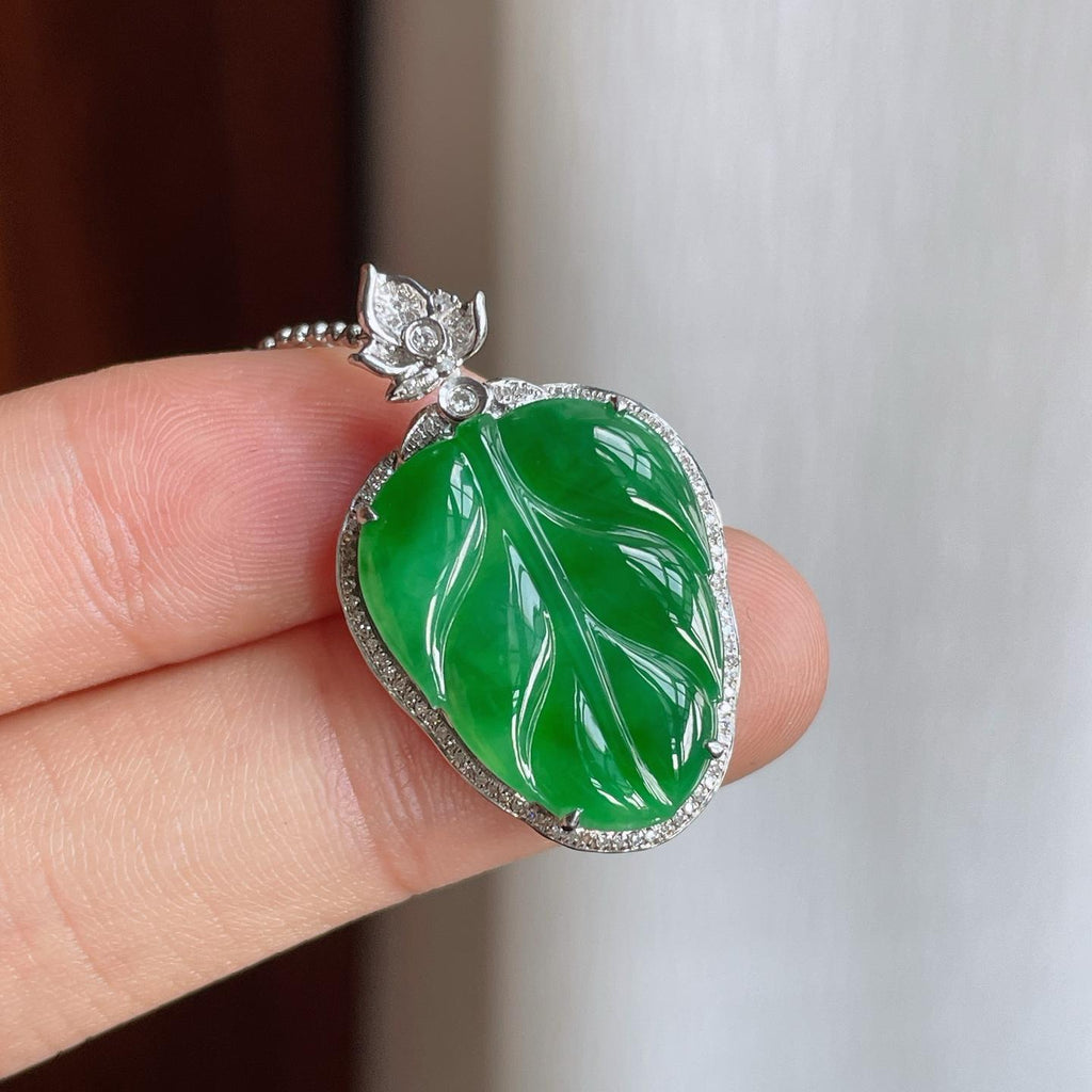 18k金镶糯种满绿翡翠叶子（yc251709）