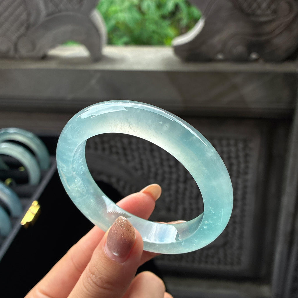 高冰种起光晴底雪花棉正圈平安镯 54圈 天然缅甸A货翡翠（yc454013）