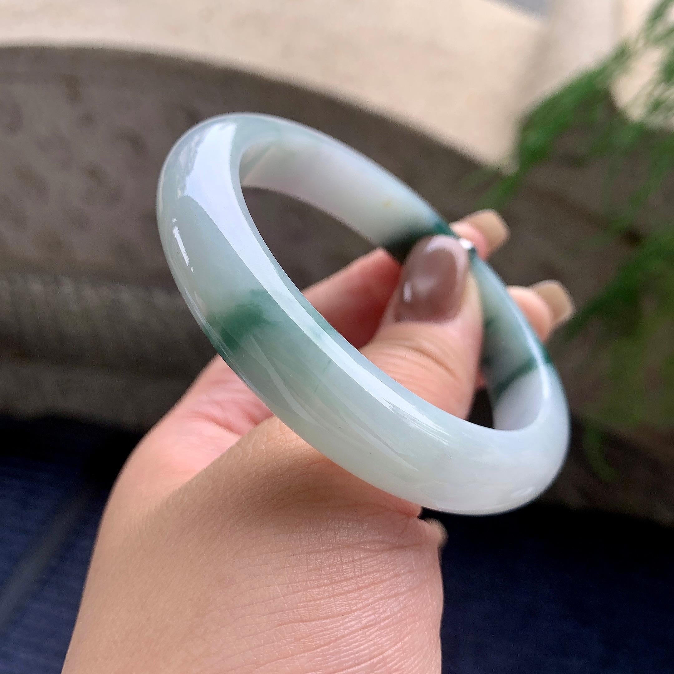 细糯种飘蓝花正圈平安镯  58.5圈口  天然缅甸A货翡翠（yc433526）