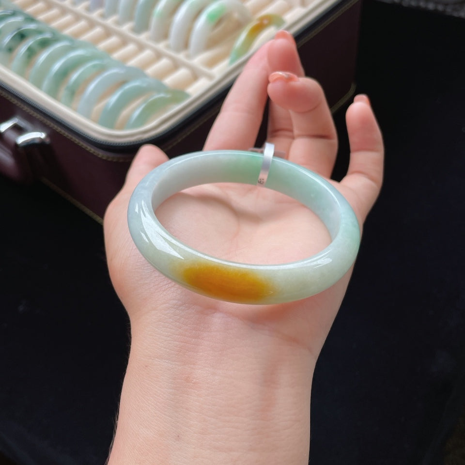 细糯冰黄加绿正圈翡翠手镯（58.5mm）（yc017173）