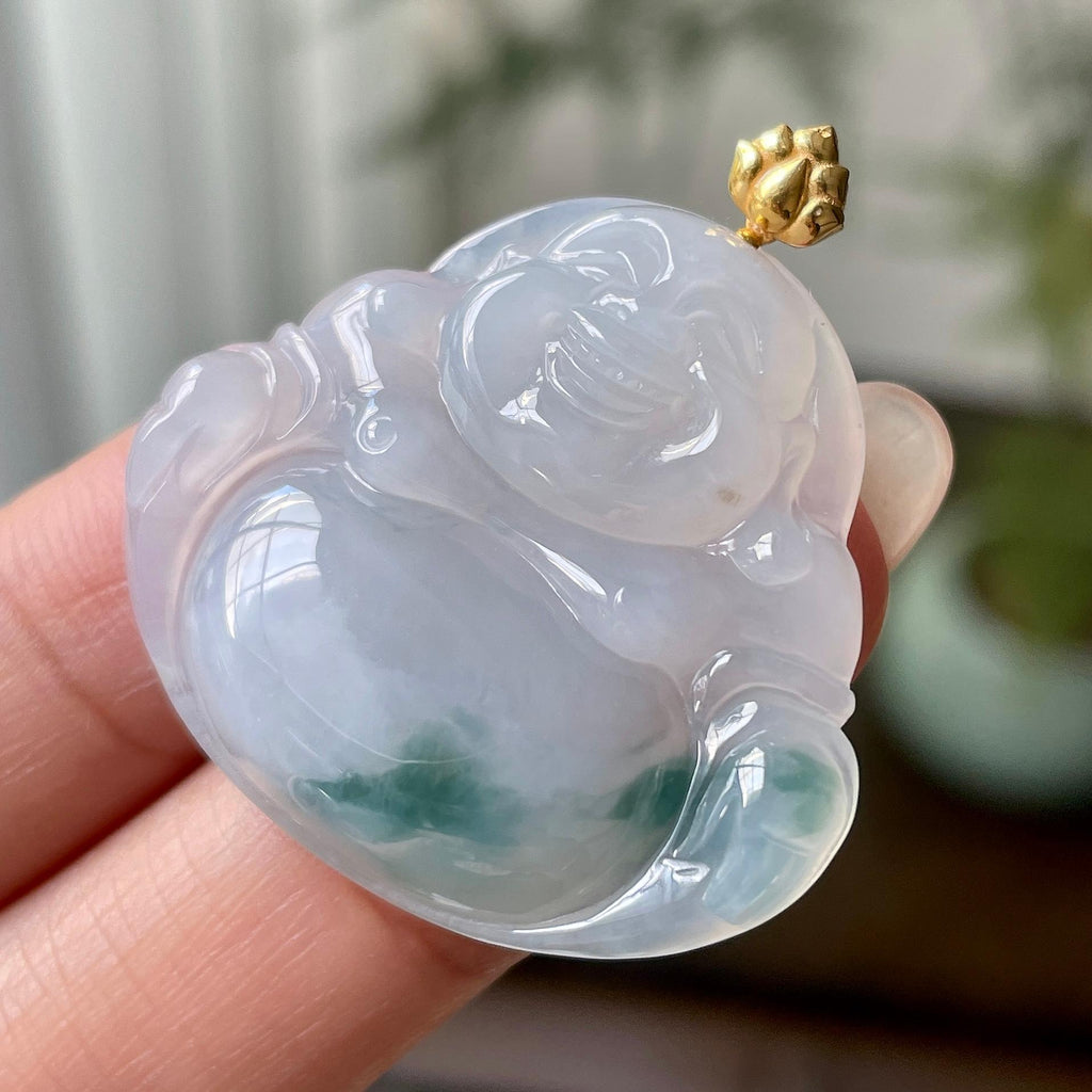 18k金镶细糯种飘蓝花佛公吊坠   天然缅甸A货翡翠（yc333347）