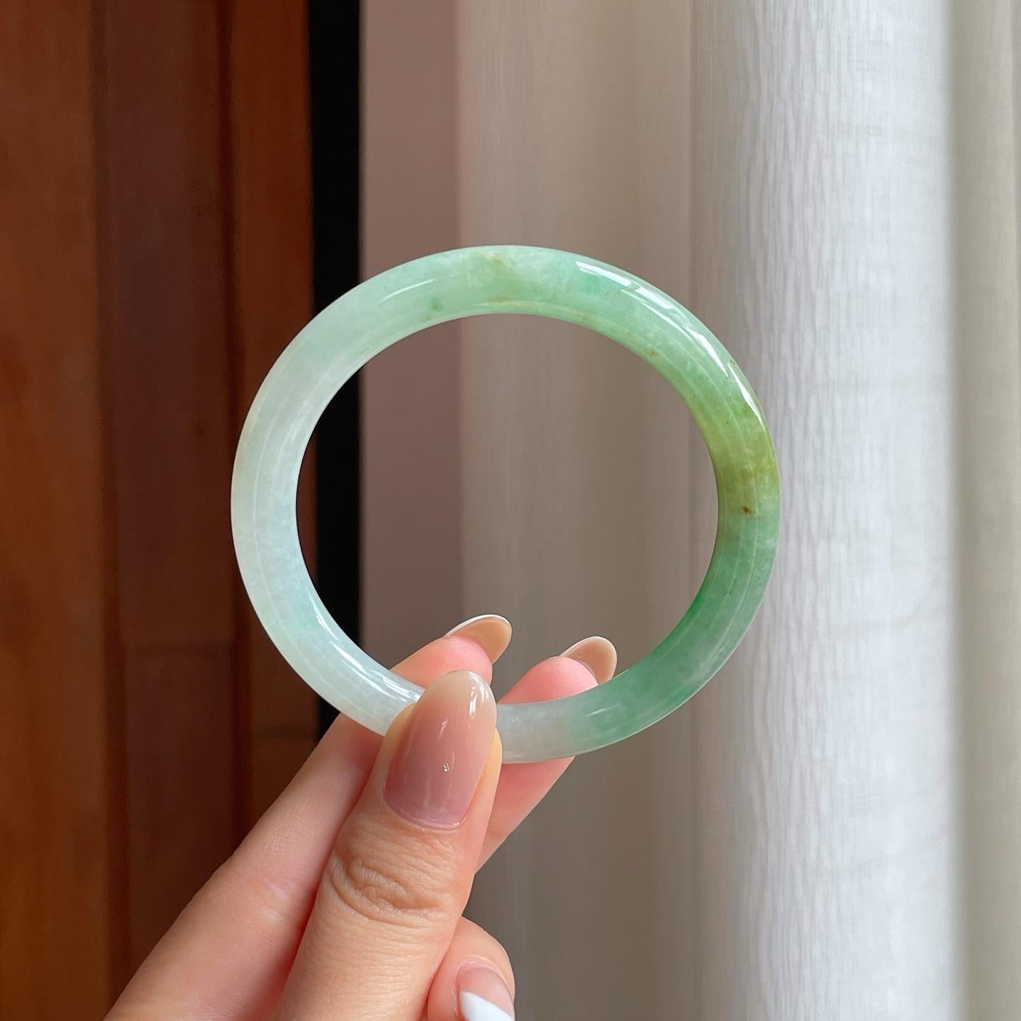 糯冰黄加绿翡翠圆条手镯（53.8mm)（yc381228）