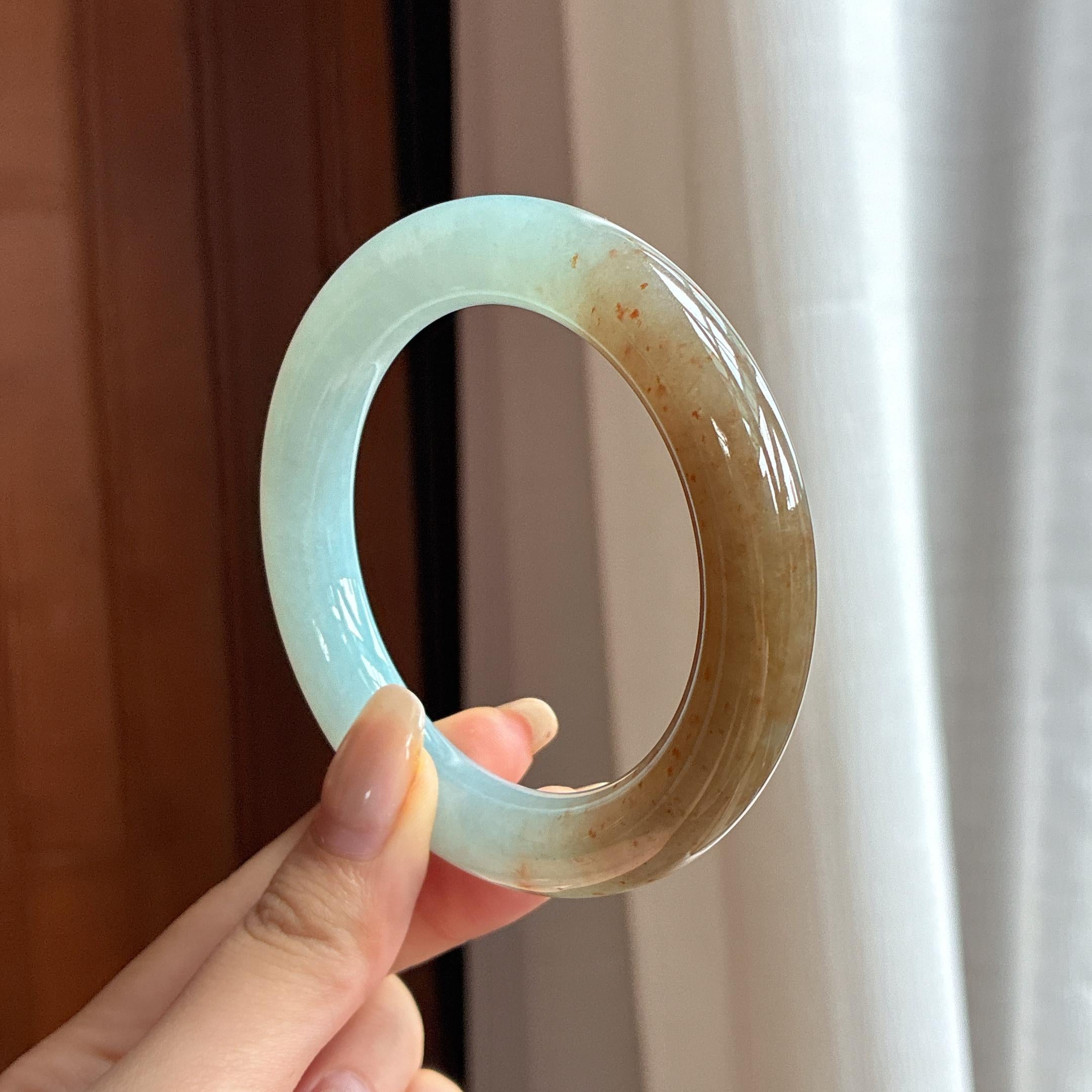 糯冰半山半水特色圆条手镯 56圈 天然缅甸A货翡翠（yc453845）