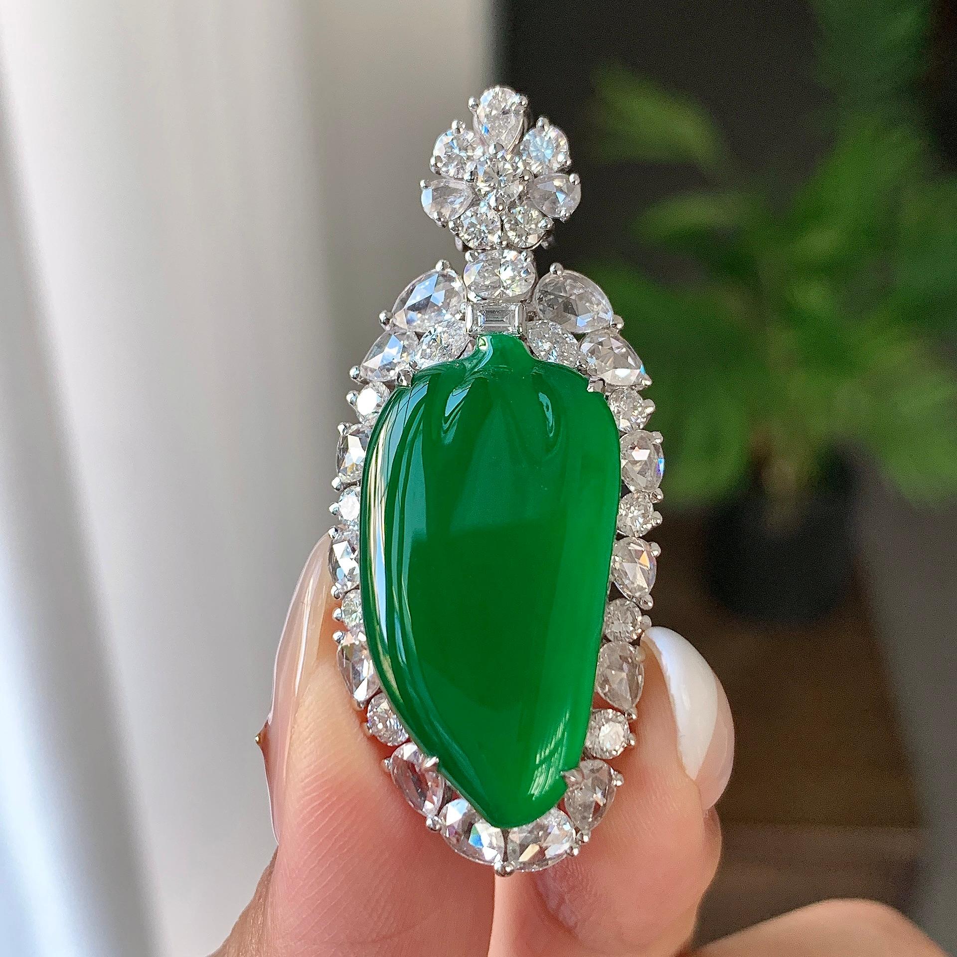 18k金钻镶冰种阳绿福瓜吊坠/项链（两用款）（yc242687）