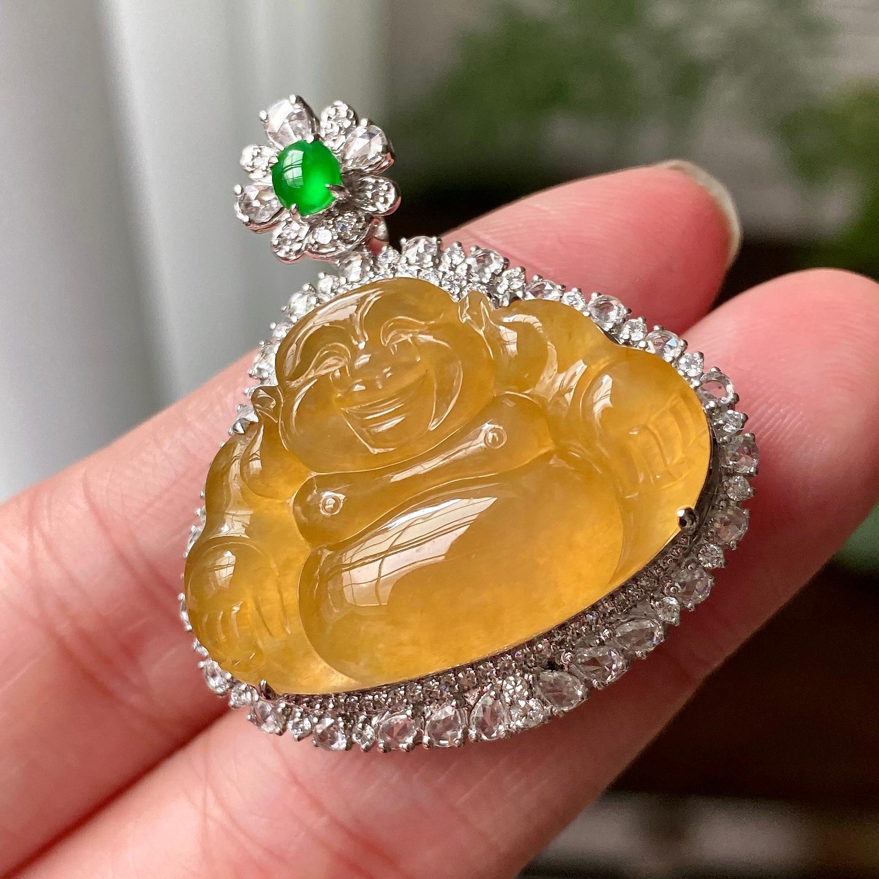 冰黄翡 18K金钻镶糯冰种黄翡佛公吊坠 天然缅甸A货翡翠（yc316454）
