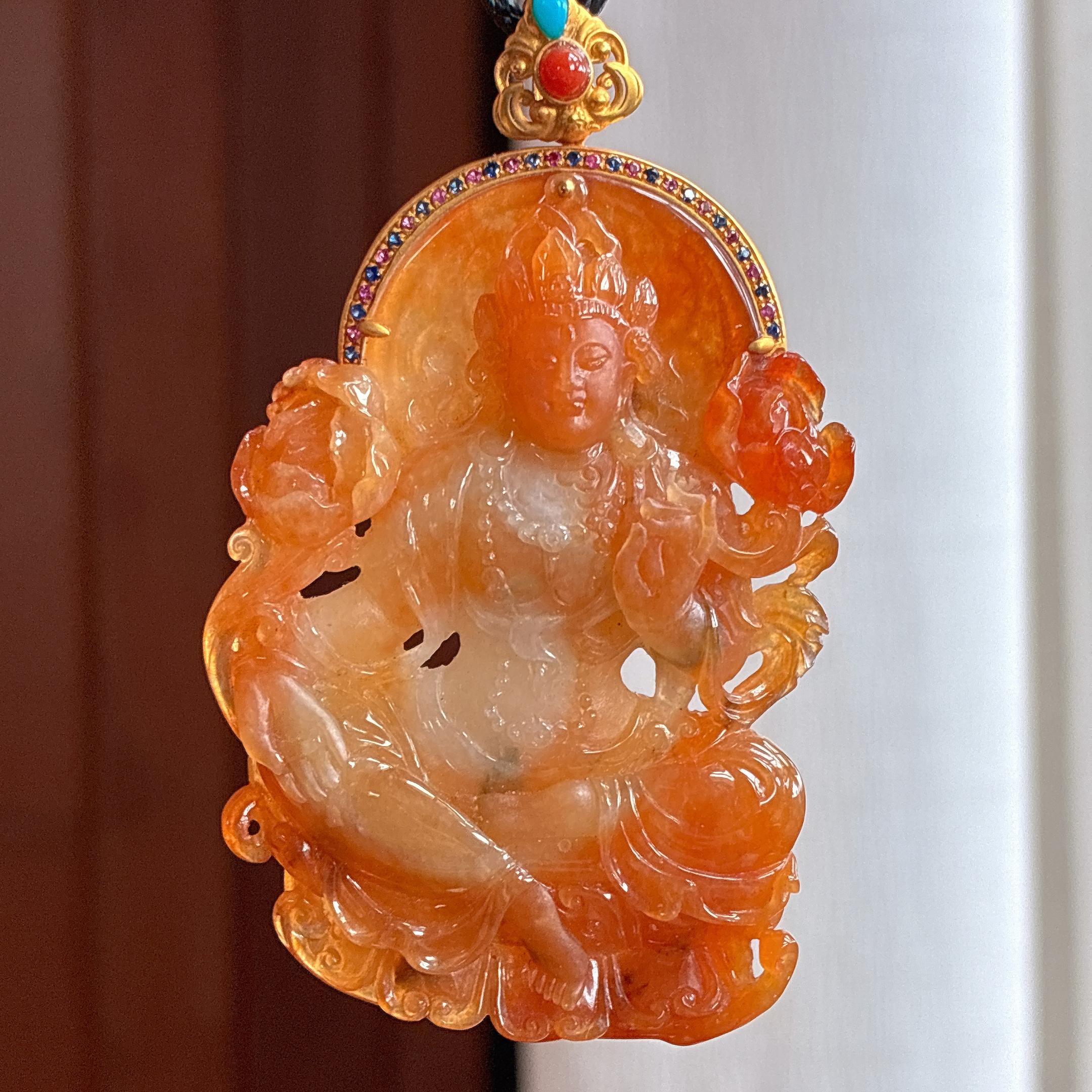 18k金镶糯冰红翡度母 天然缅甸A货翡翠（yc439631）