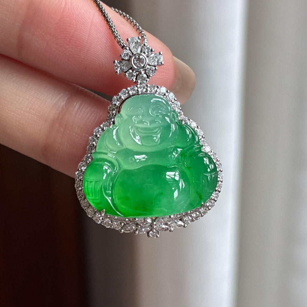 18k金镶冰种满绿翡翠佛公（yc440191）