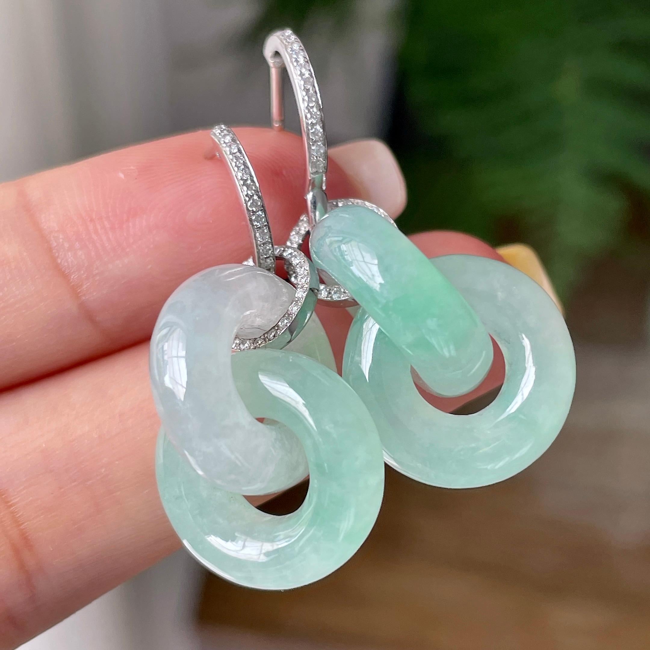 18k金钻镶糯冰种晴水双环耳坠    天然缅甸A货翡翠（yc362127）