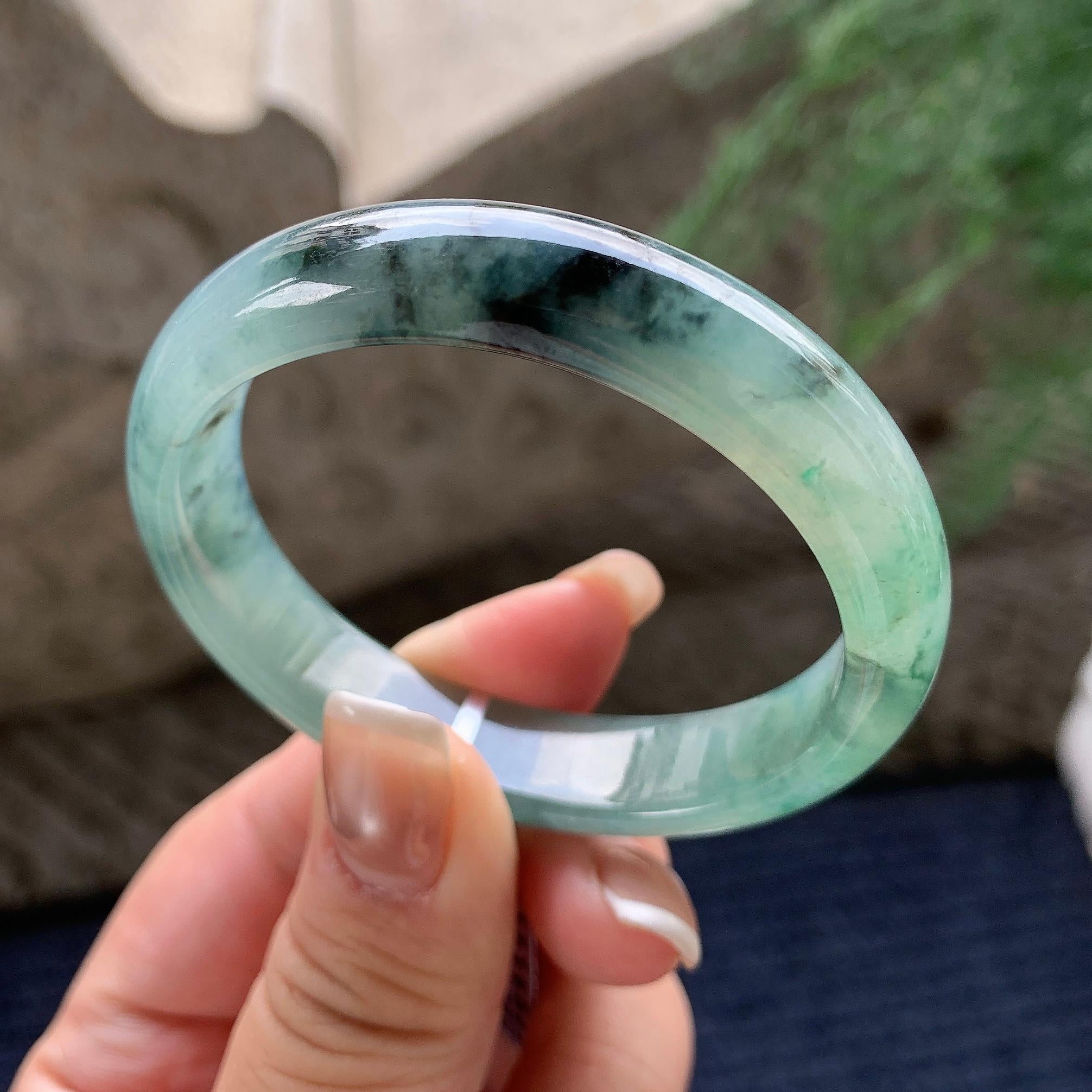 小圈口 糯冰种飘蓝花贵妃手镯 53.8圈口 天然缅甸A货翡翠（yc381959）