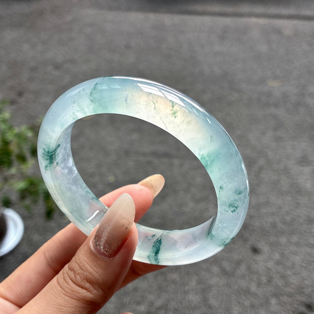 高冰种起光飘花正圈平安镯 56圈 天然缅甸翡翠Ａ货（yc487457）