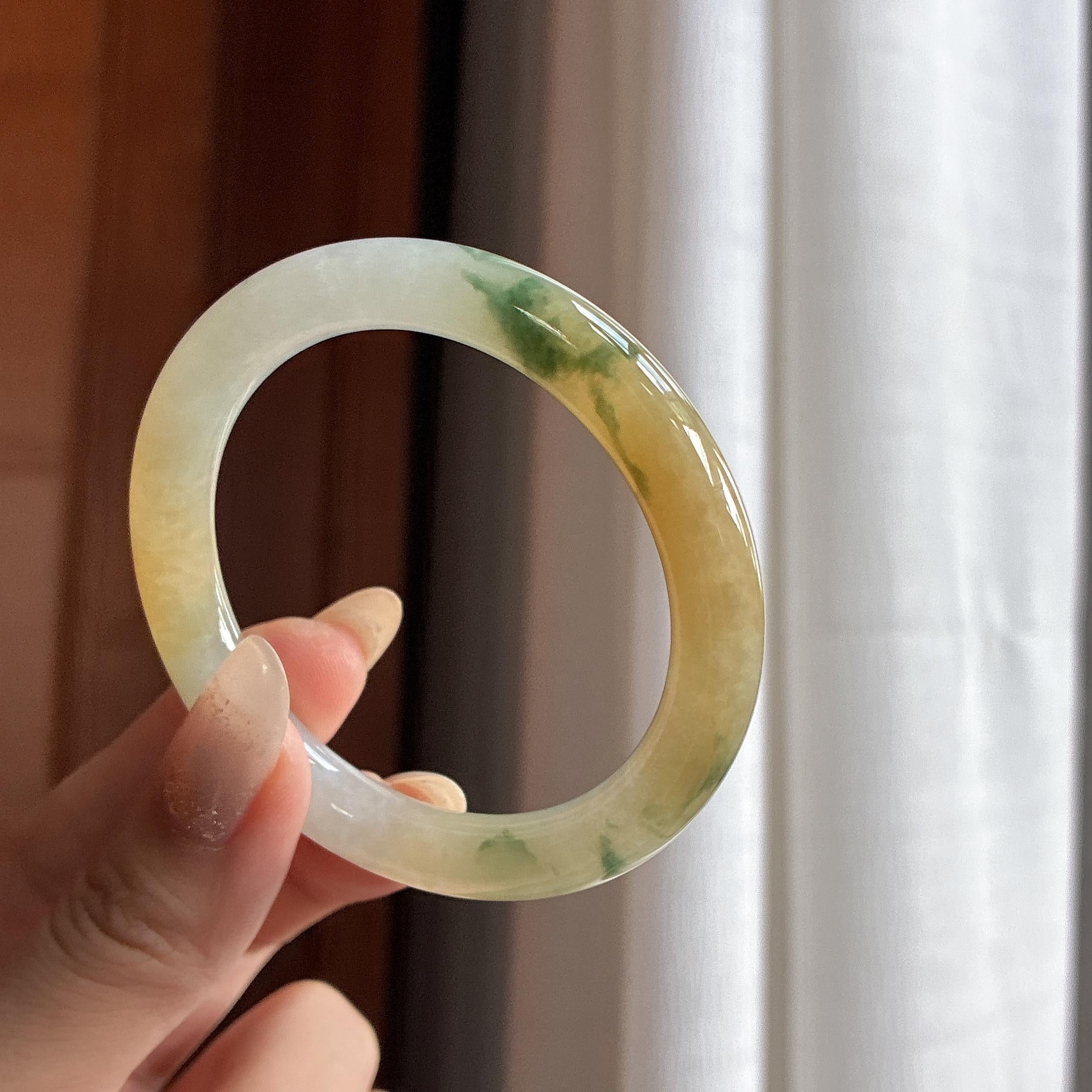 糯冰飘花黄翡特色圆条手镯 52圈 天然缅甸A货翡翠（yc484800）