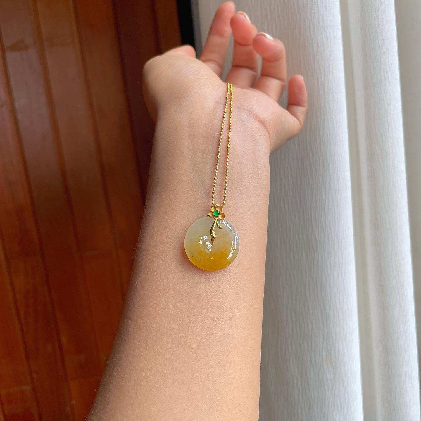 18k金镶糯冰黄翡翡翠平安扣（yc253124）