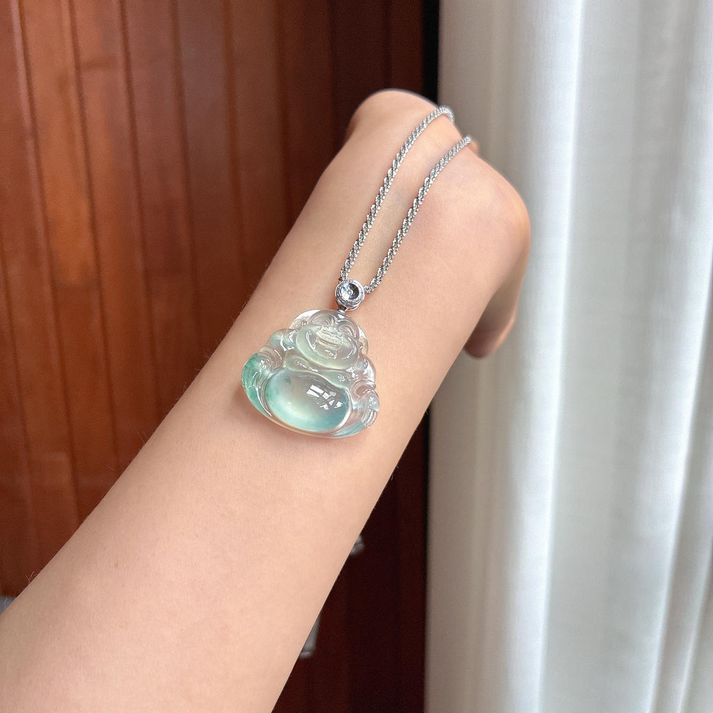 18k金扣头高冰种飘花玉佛 天然缅甸A货翡翠（yc454766）