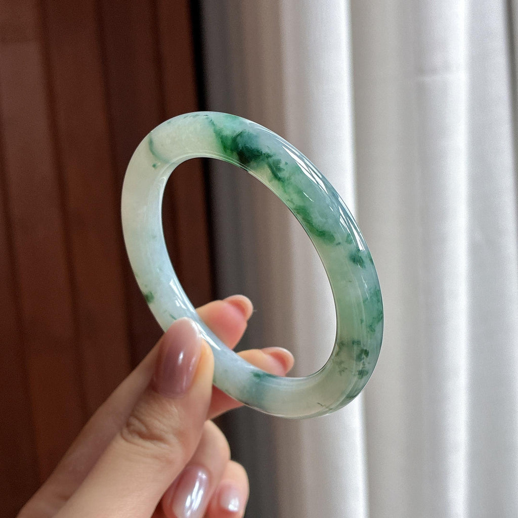 糯冰飘花圆条手镯 53圈 天然缅甸A货翡翠（yc497825）