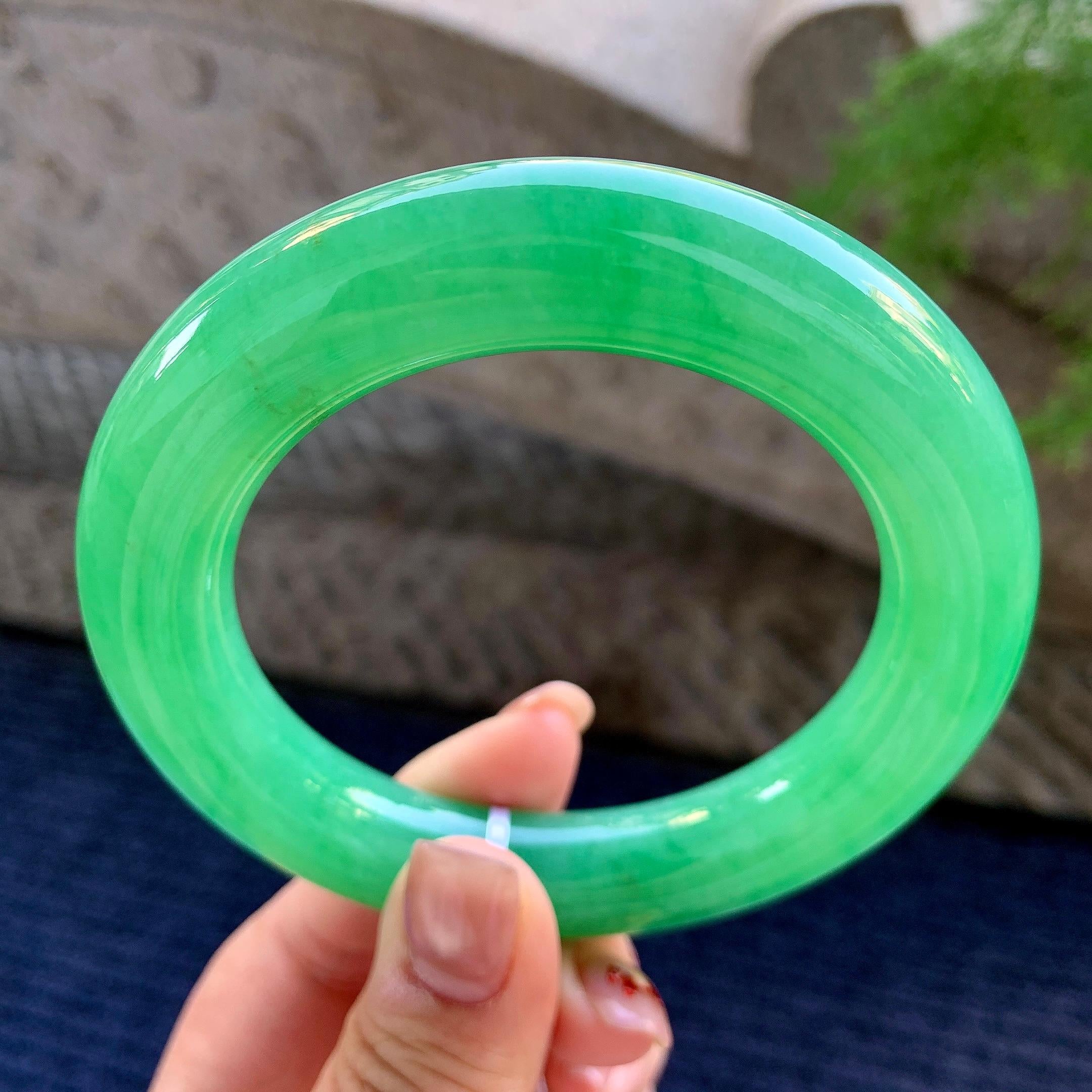 大圈口 细糯种满绿圆条手镯 62.3圈口 天然缅甸A货翡翠（yc351354）