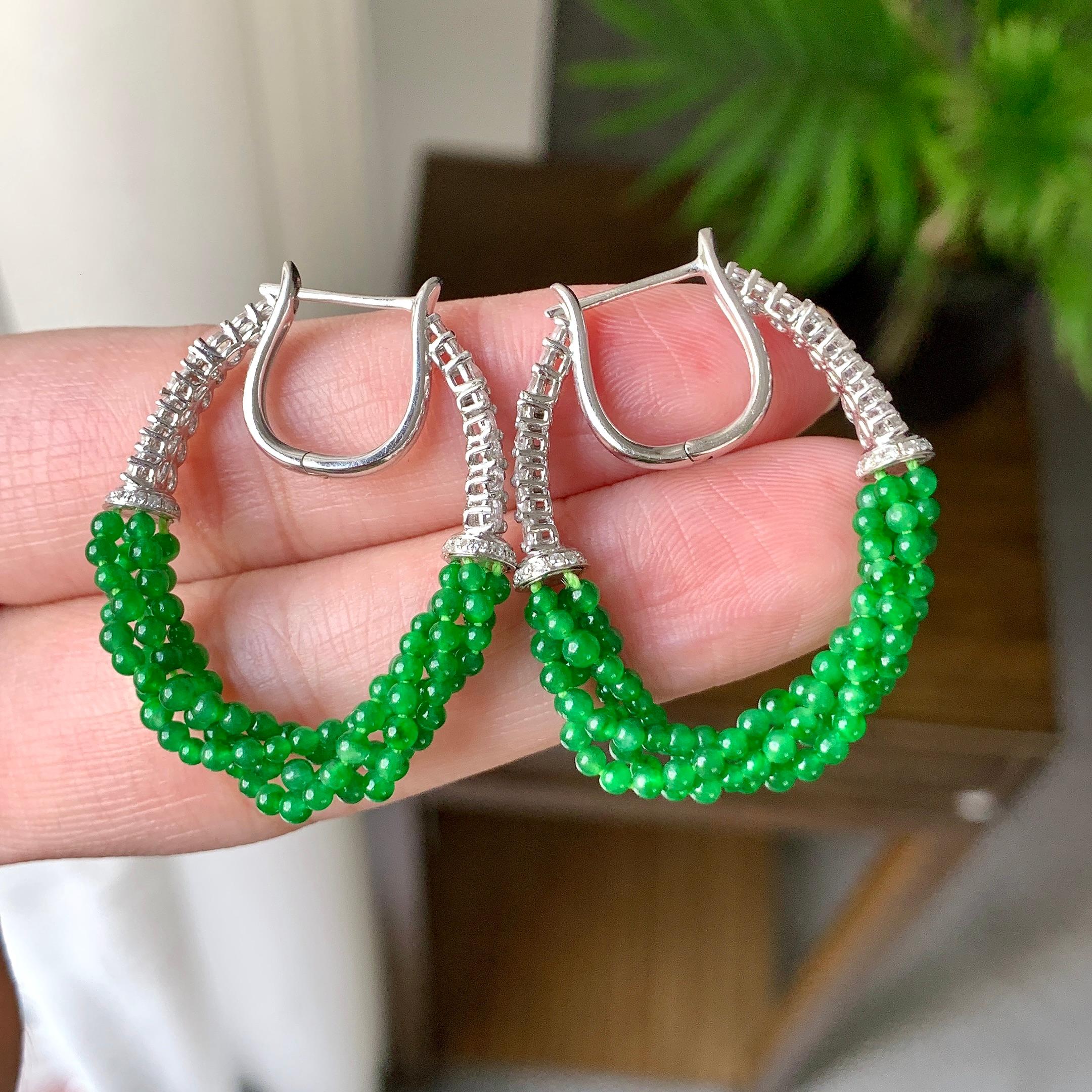 18K金钻镶糯冰种满绿小米珠耳坠（yc248201）