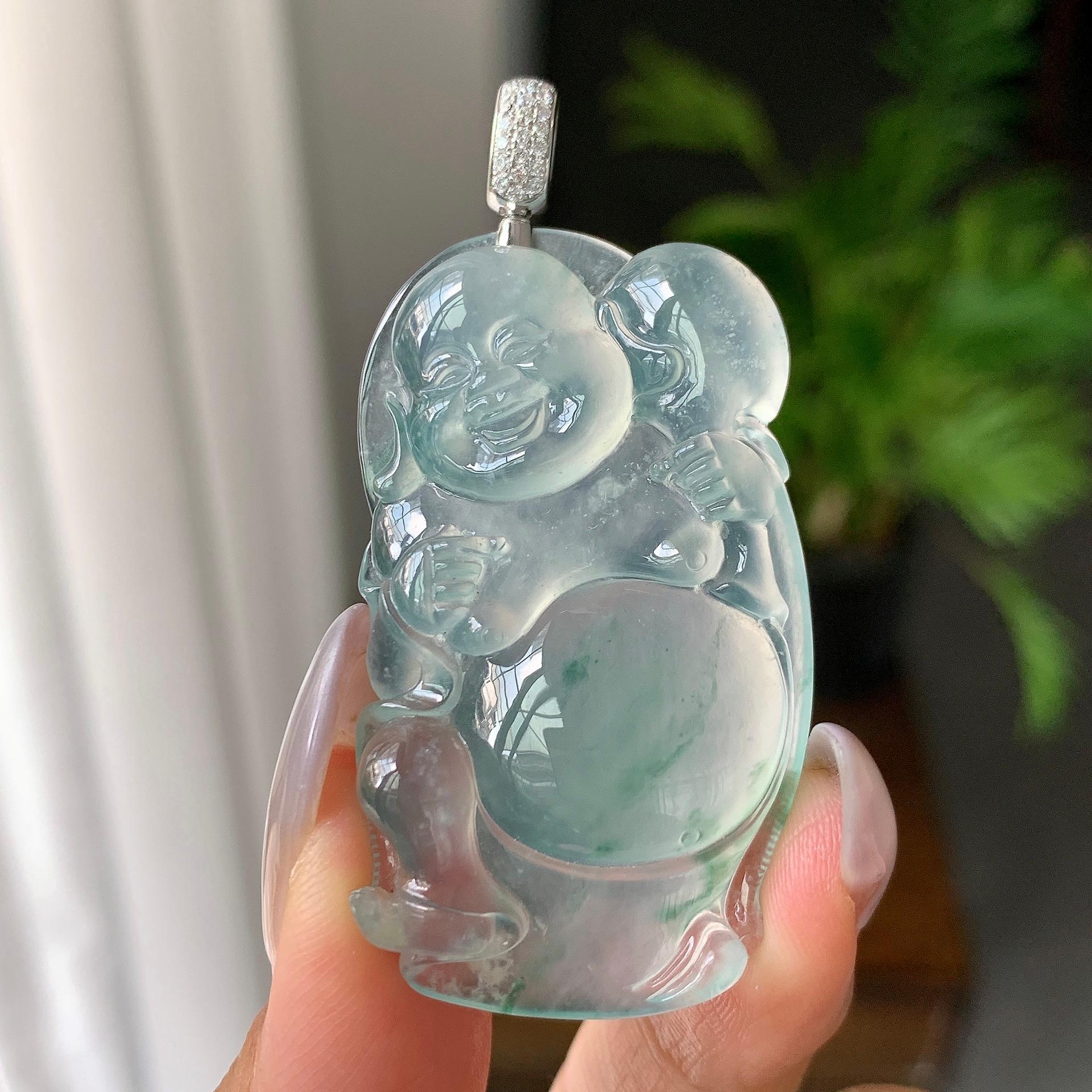 18K金钻扣镶高冰种飘花布袋佛挂件（yc176996）