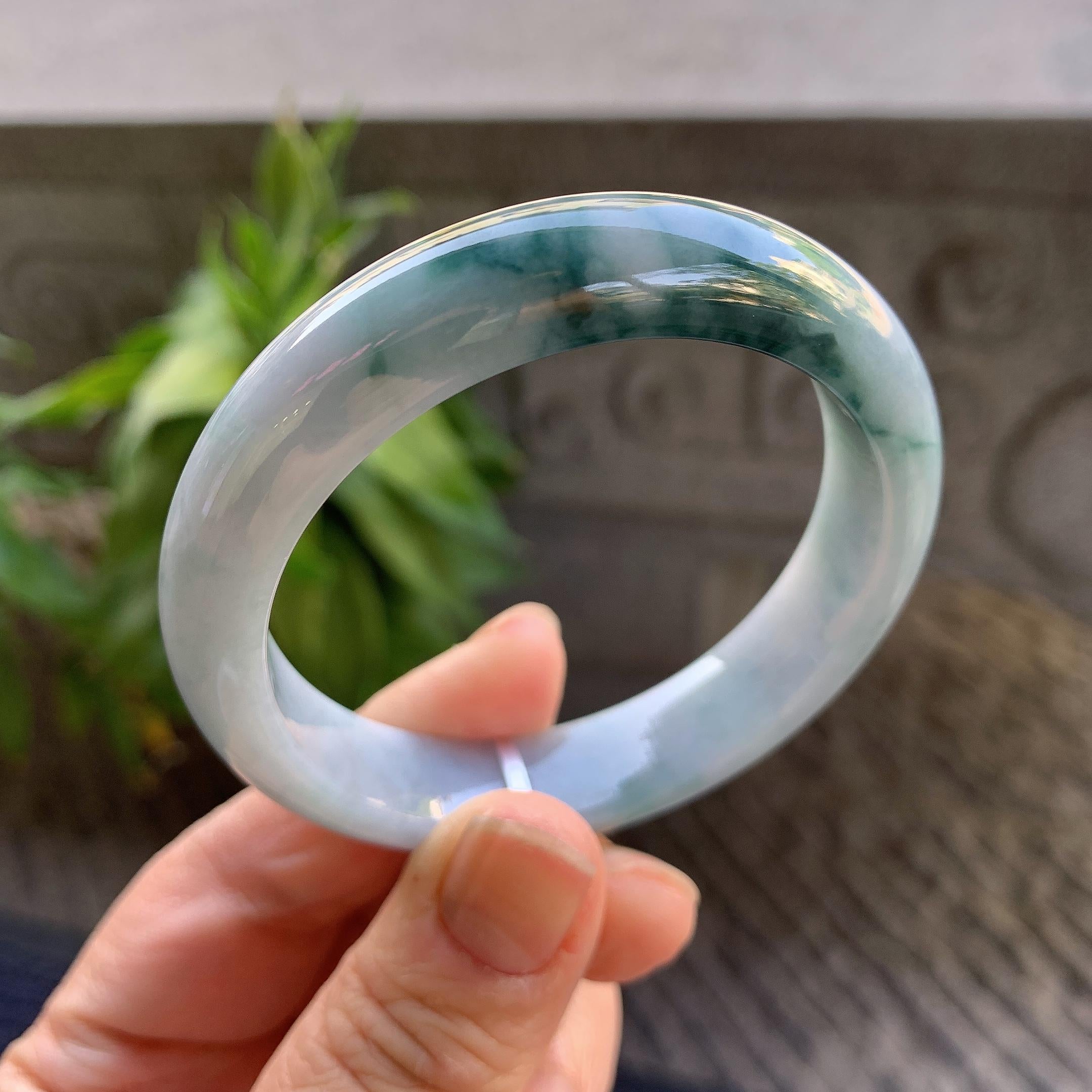 小圈口 细糯种飘蓝花正圈平安镯52.3圈口 天然缅甸A货翡翠（yc330299）
