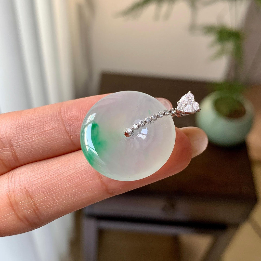 18k金钻镶糯冰种飘绿平安扣吊坠（yc290989）