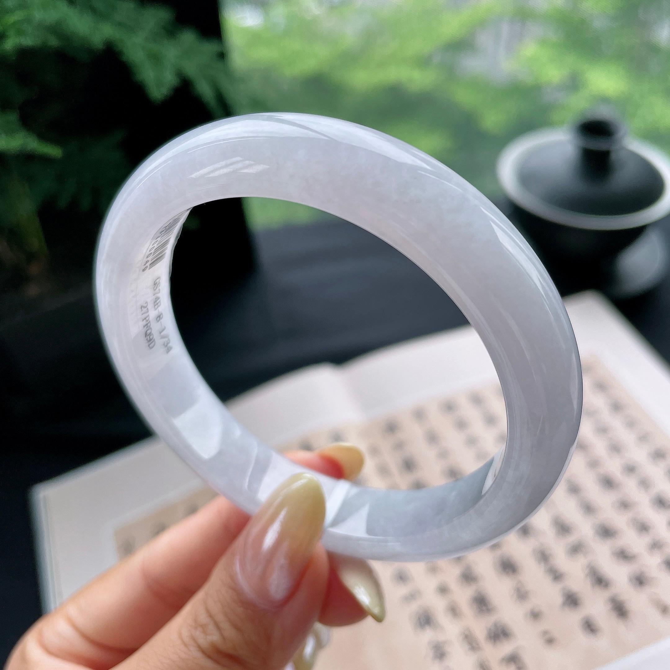 大圈口 细糯种淡紫底正圈平安镯59.8圈 天然缅甸A货翡翠（yc473071）