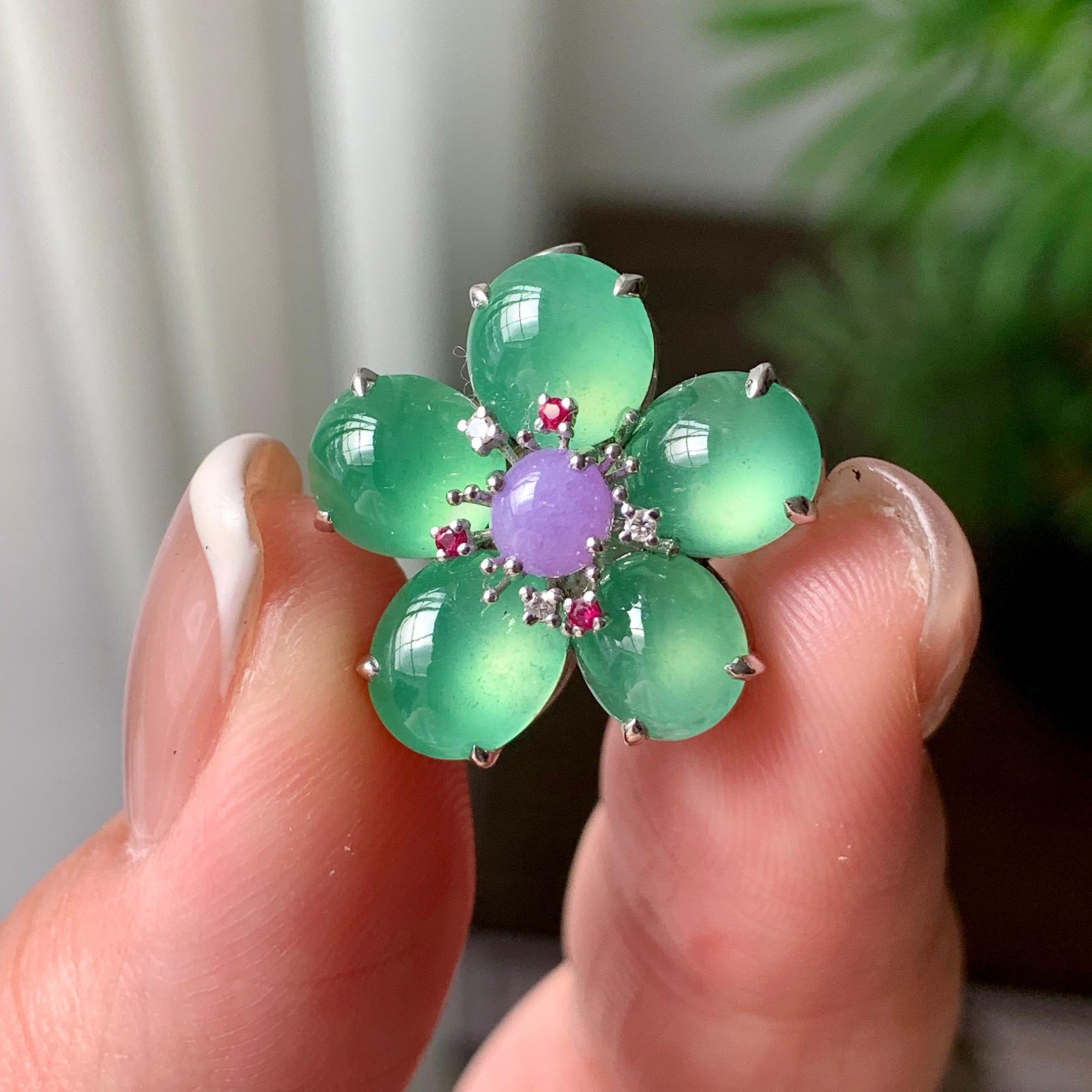 18K金钻镶糯冰种晴水花多胸针  天然缅甸A货翡翠（yc362090）