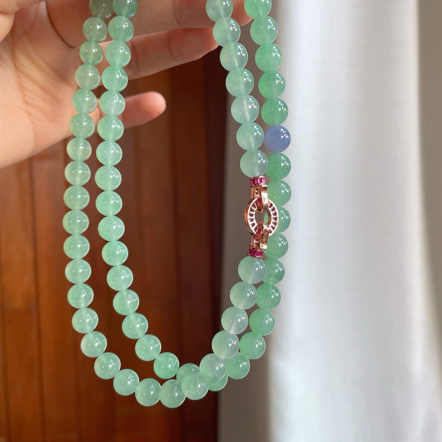 冰种晴绿底翡翠珠串项链（yc247175）