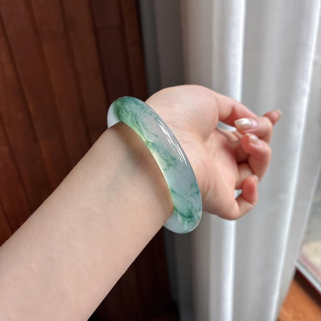 高冰种飘花正圈平安镯 56圈 天然缅甸A货翡翠（yc484411）