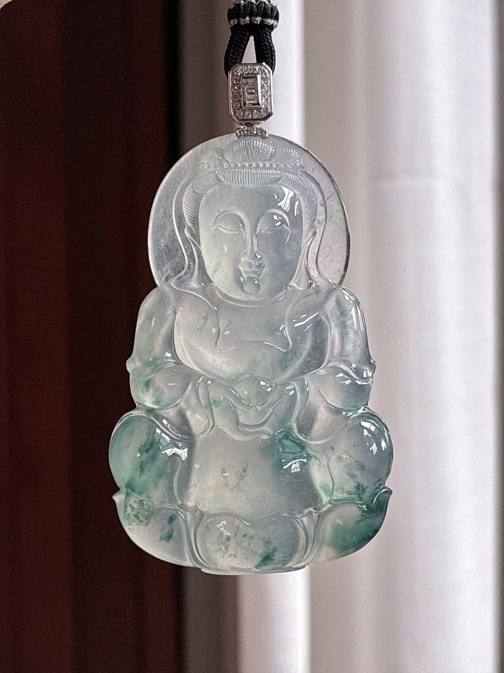 18k金扣头高冰种飘花观音挂件 天然缅甸A货翡翠（yc466355）