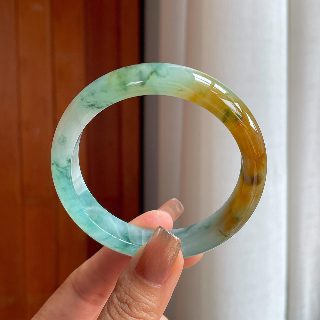 糯冰黄翡飘花特色翡翠平安镯（58mm）（yc363435）
