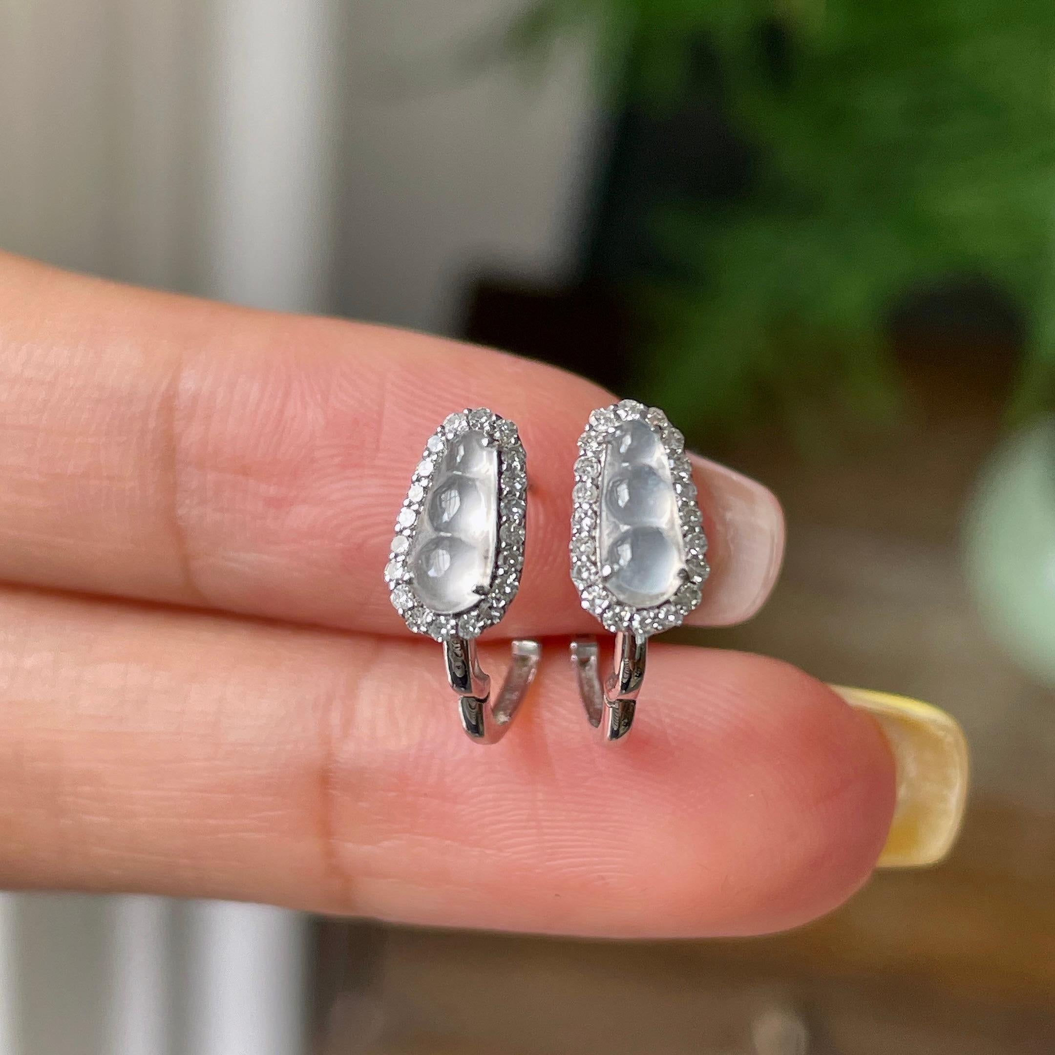 18k金钻镶冰种无色福豆耳钉    天然缅甸A货翡翠（yc358914）