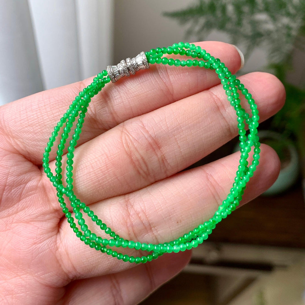 18K金钻镶糯冰种满绿小米珠链/手链（两用款）（yc252058）