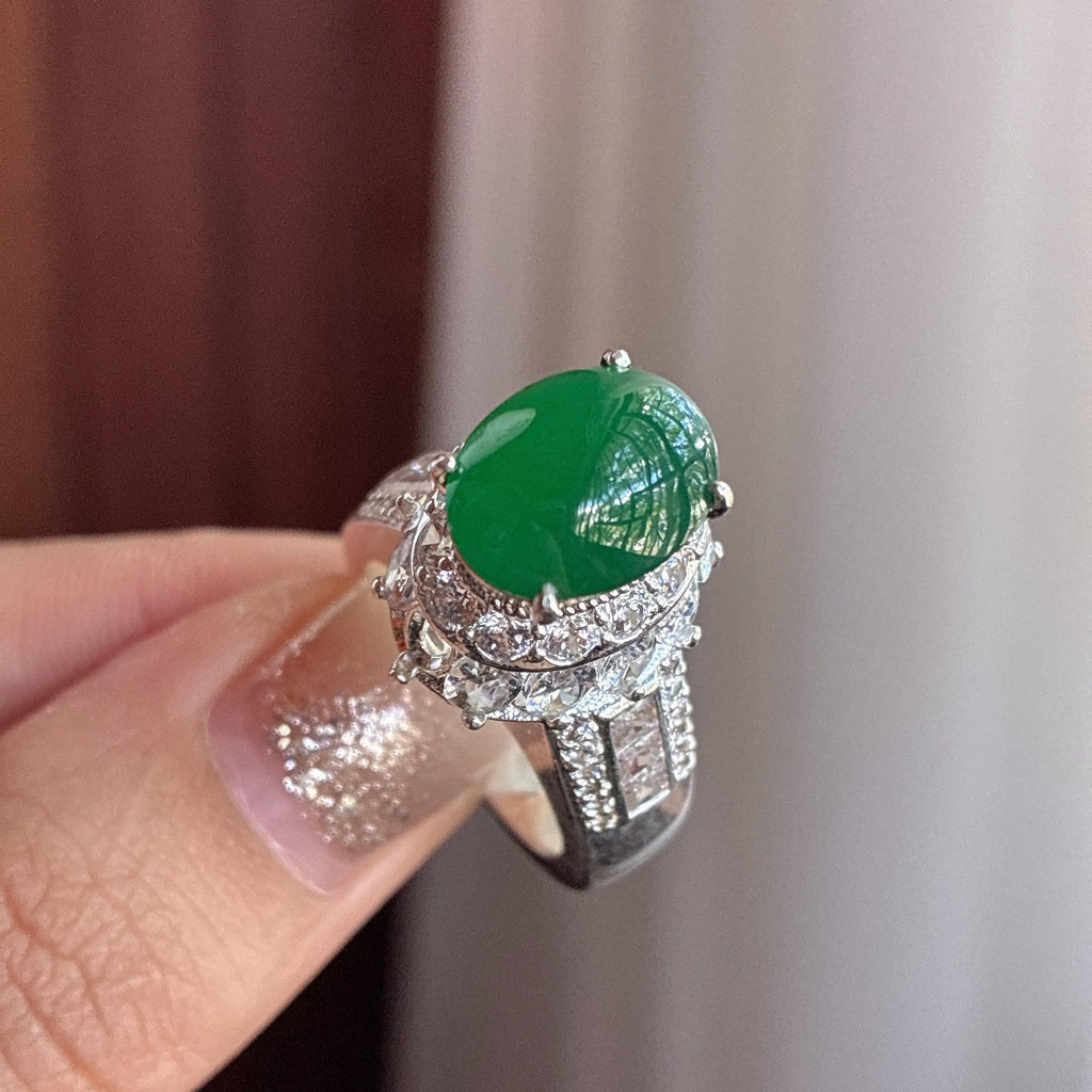 铜托糯冰满绿蛋面/三件套 天然缅甸A货翡翠（yc507054）