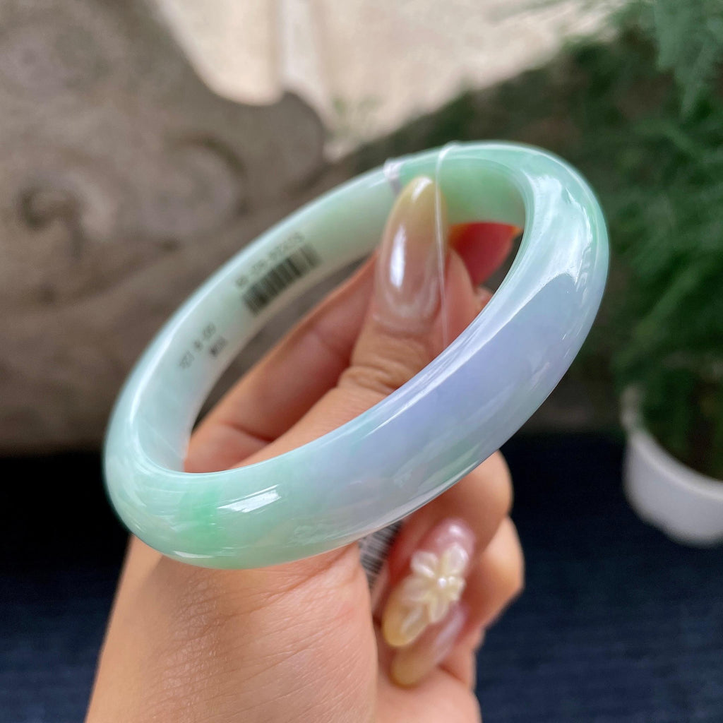 大圈口 细糯种春彩正圈平安镯60圈 天然缅甸A货翡翠（yc464073）