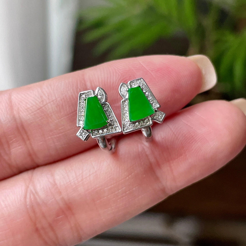 18K金钻镶糯冰种满绿随型耳钉  天然缅甸A货翡翠（yc454867）