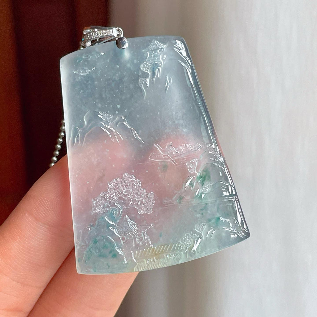 18k金扣冰玻种飘花翡翠山水牌（yc248489）